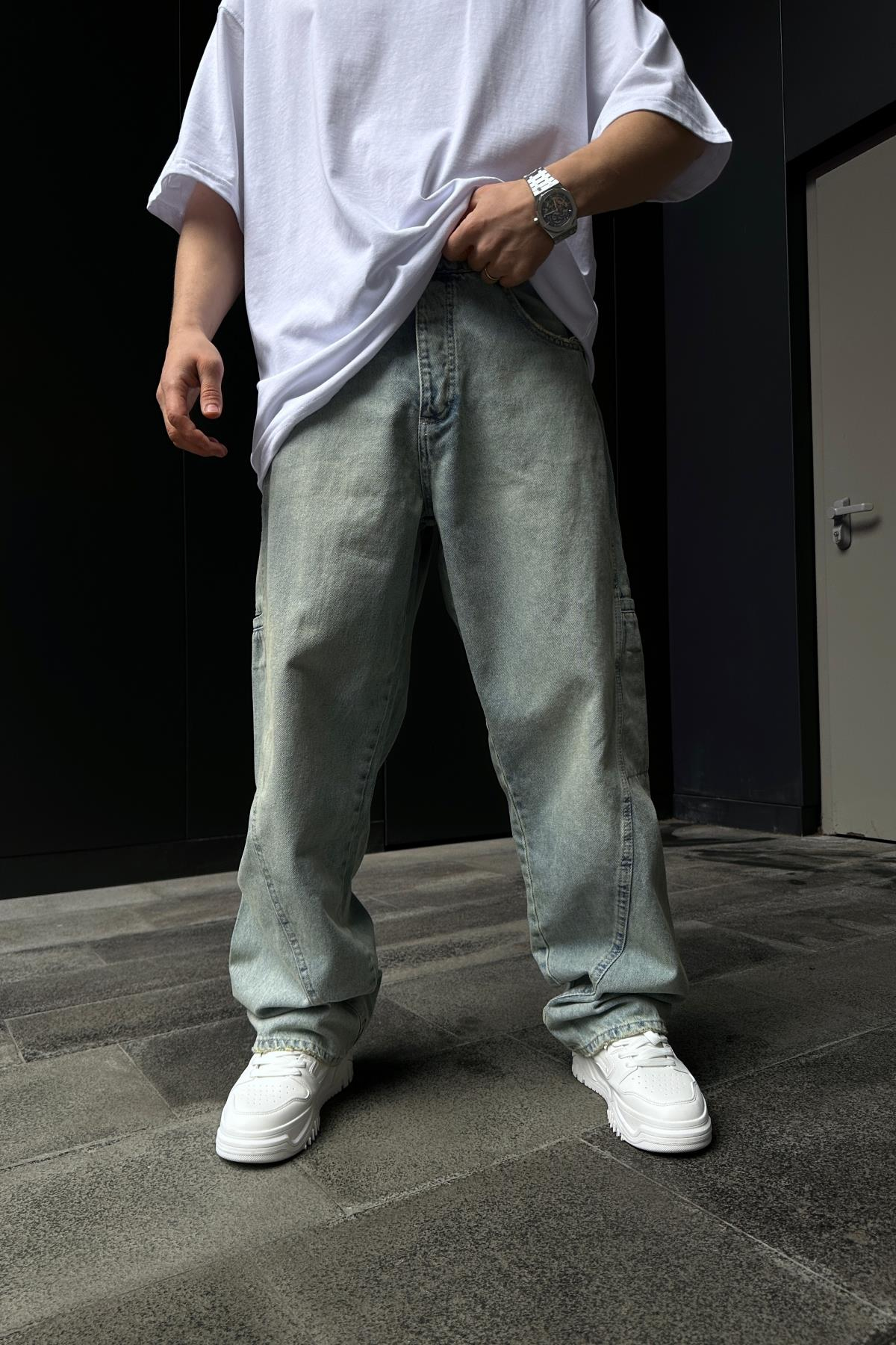 Acid Wash Dikiş Detay Baggy Jean Pantolon P869