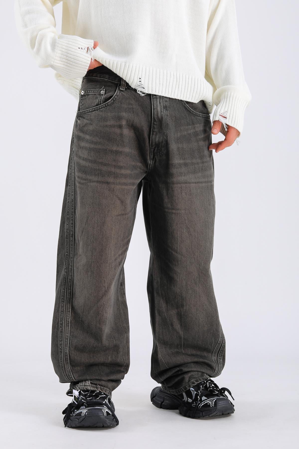 Acid Wash Dikiş Detay Kahve Baggy Jean Pantolon P1110