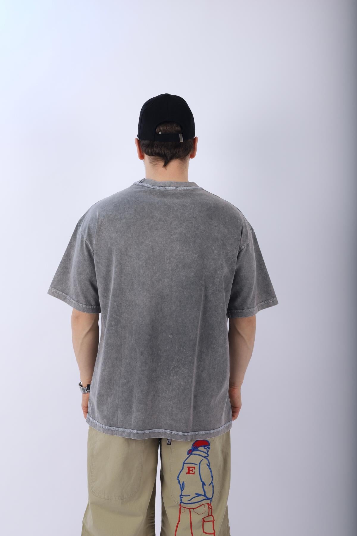 Acid Wash Eagle Baskılı Oversize Tshirt T970