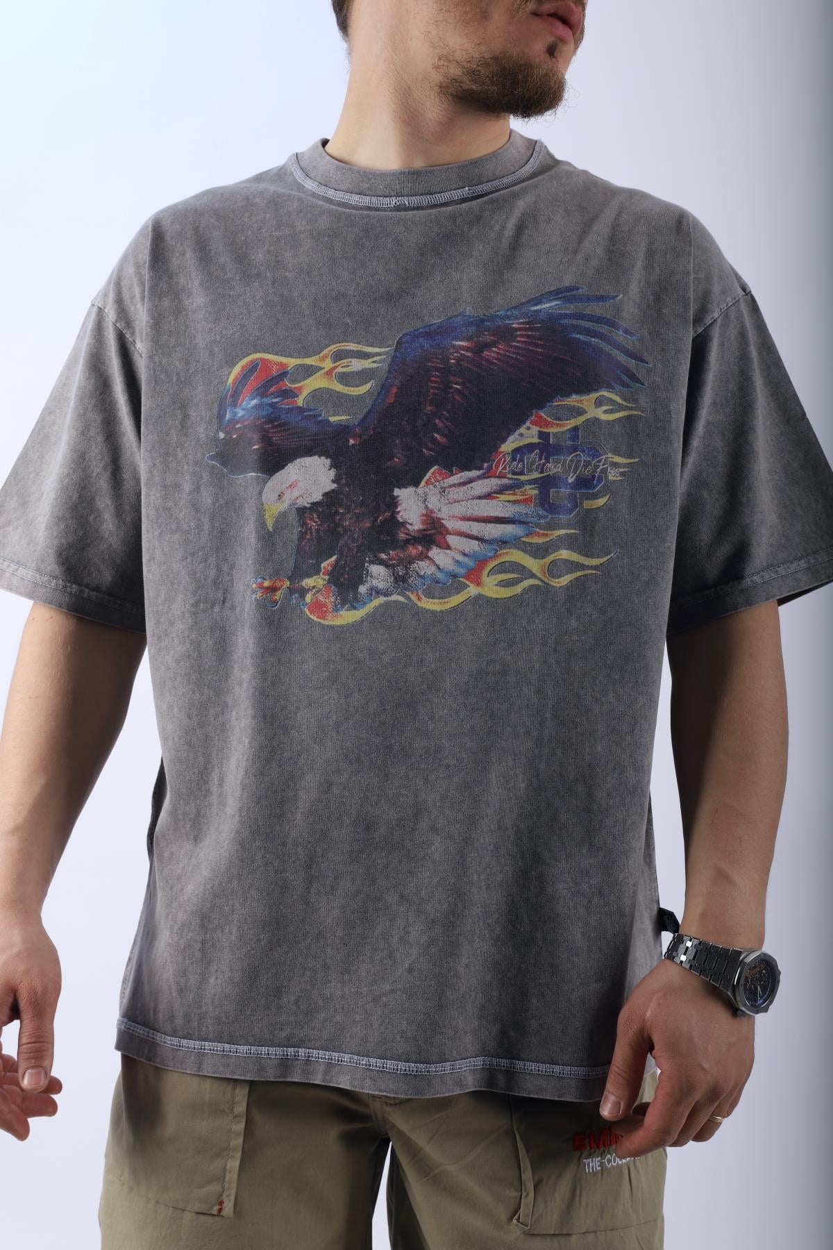 Acid Wash Eagle Baskılı Oversize Tshirt T970