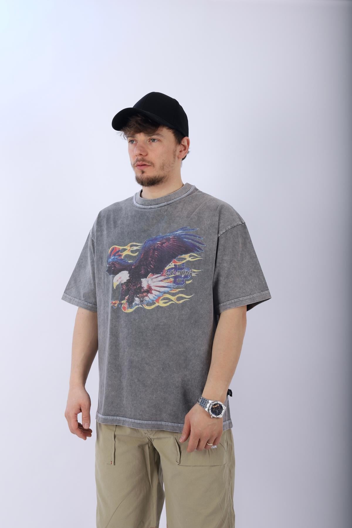Acid Wash Eagle Baskılı Oversize Tshirt T970