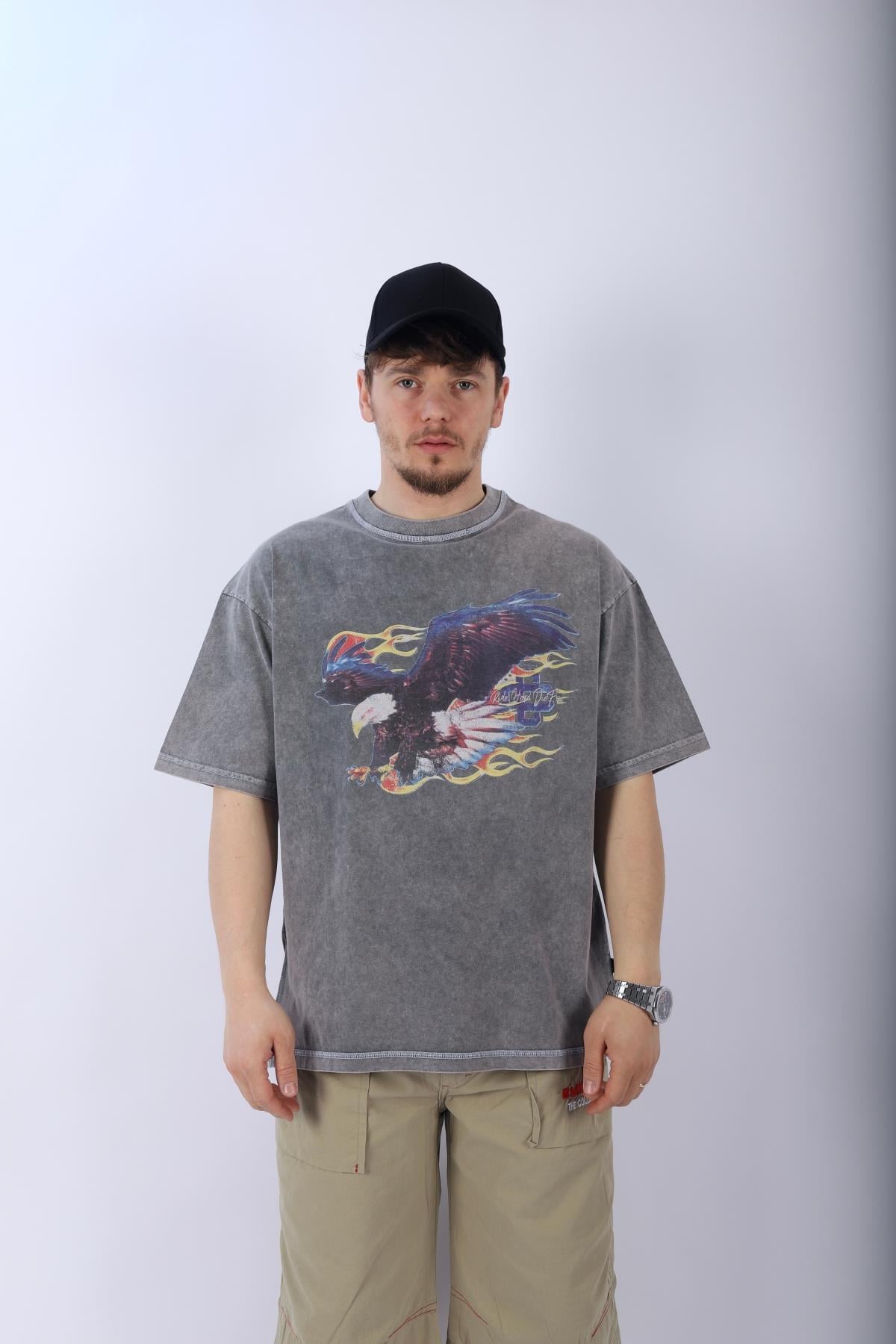 Acid Wash Eagle Baskılı Oversize Tshirt T970