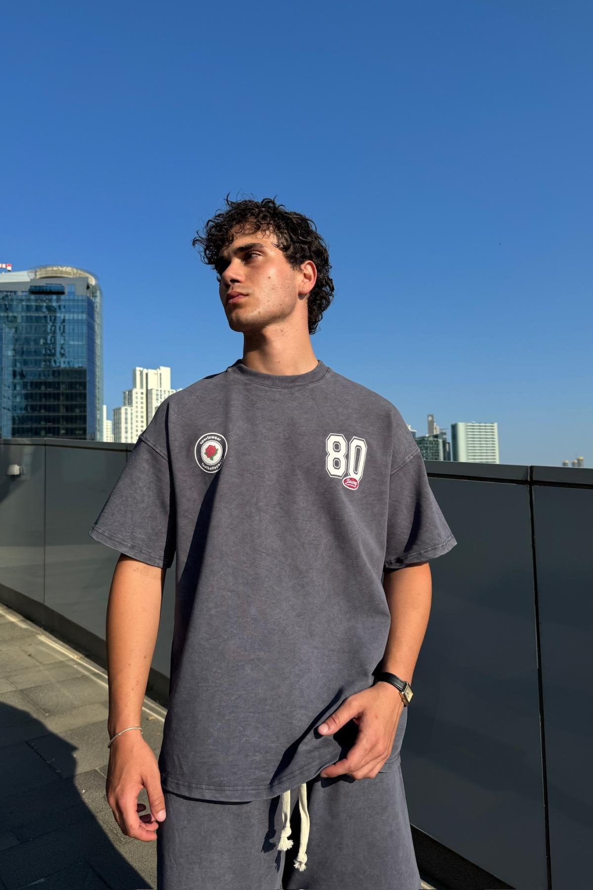 Acid Wash Füme Baskılı Oversize Tshirt JC01