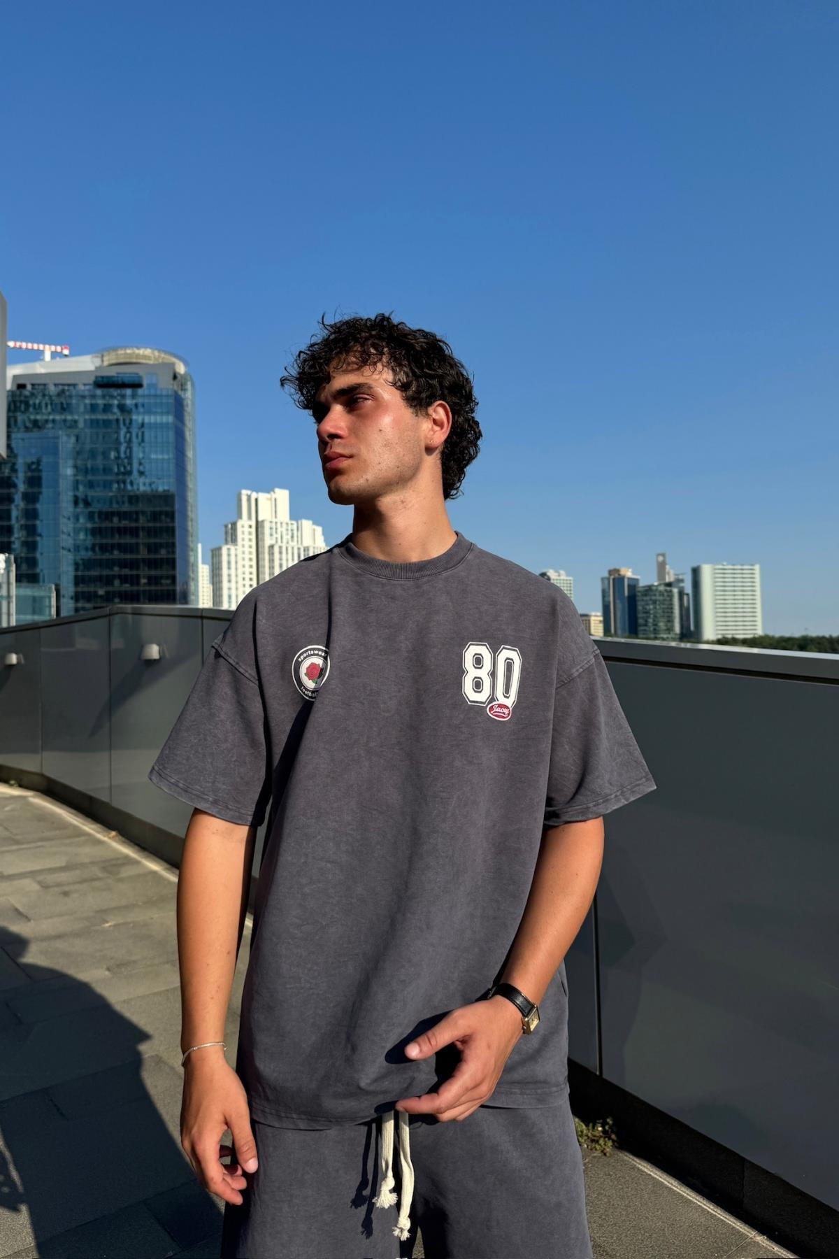 Acid Wash Füme Baskılı Oversize Tshirt JC01