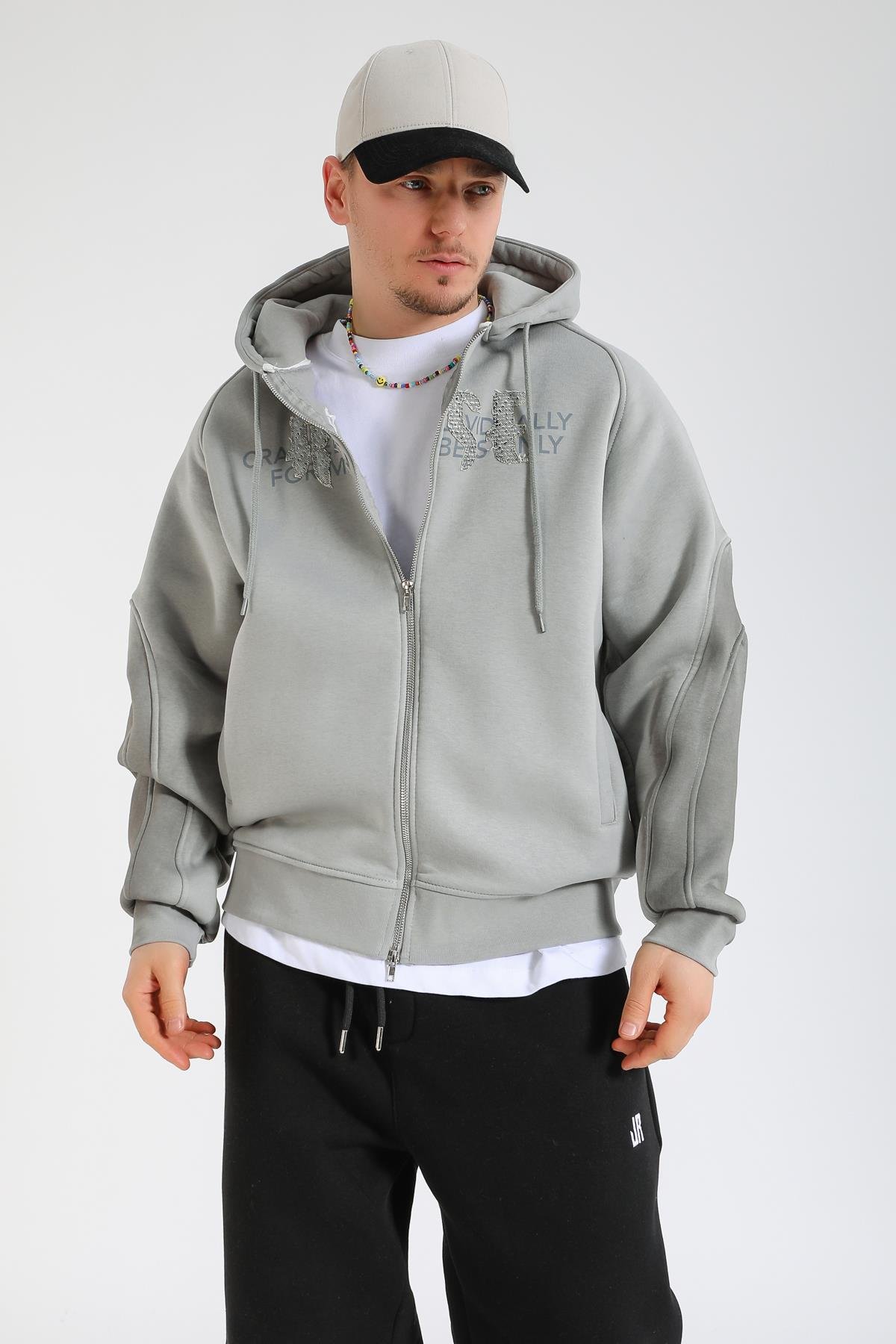 Acid Wash Gri Rise Regular Fit Zipper Hoodie SW1392