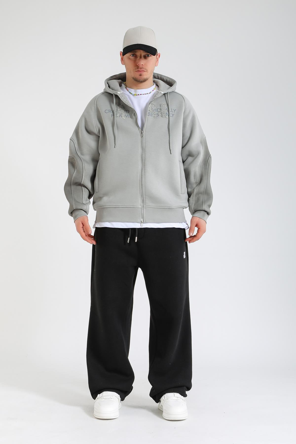 Acid Wash Gri Rise Regular Fit Zipper Hoodie SW1392