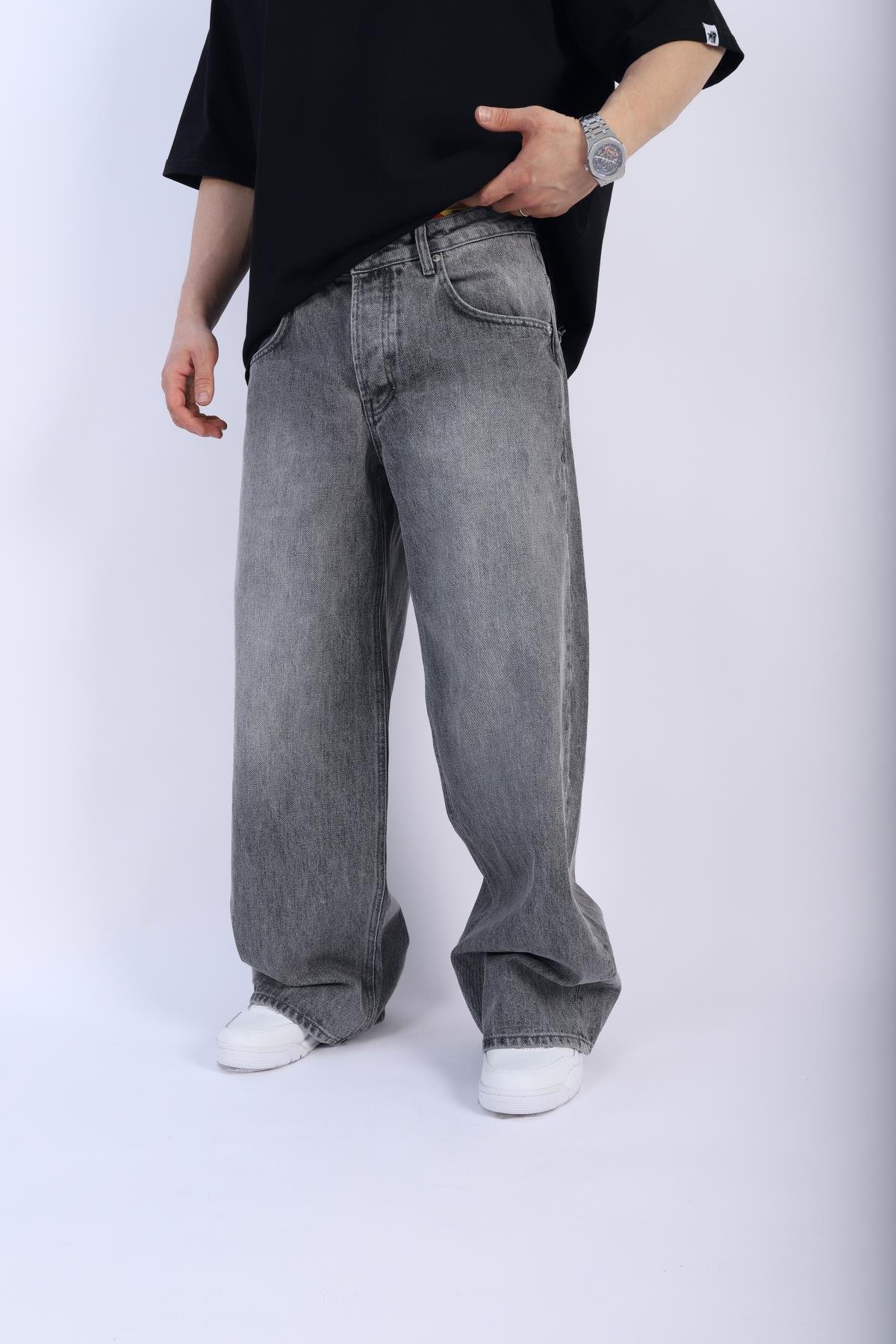 Acid Wash Grii Baggy Jean Pantolon P914