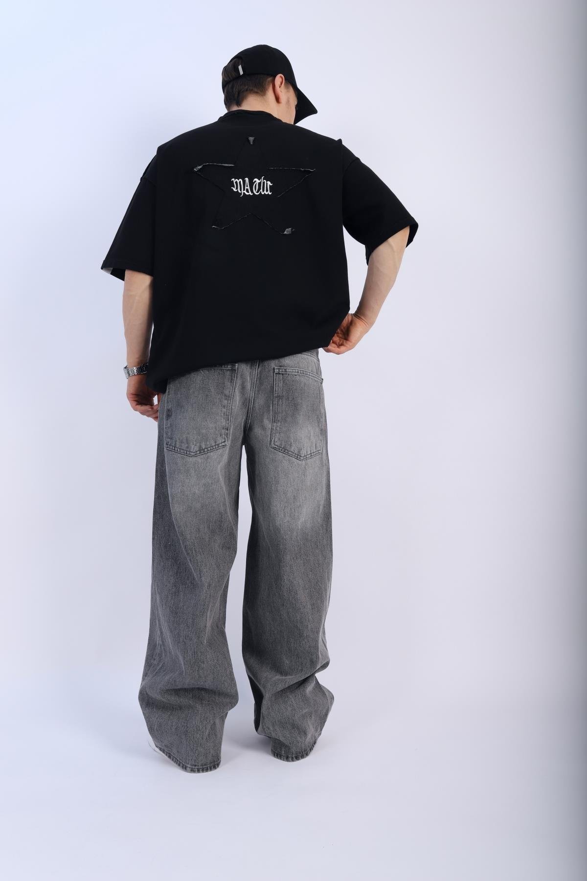Acid Wash Grii Baggy Jean Pantolon P914