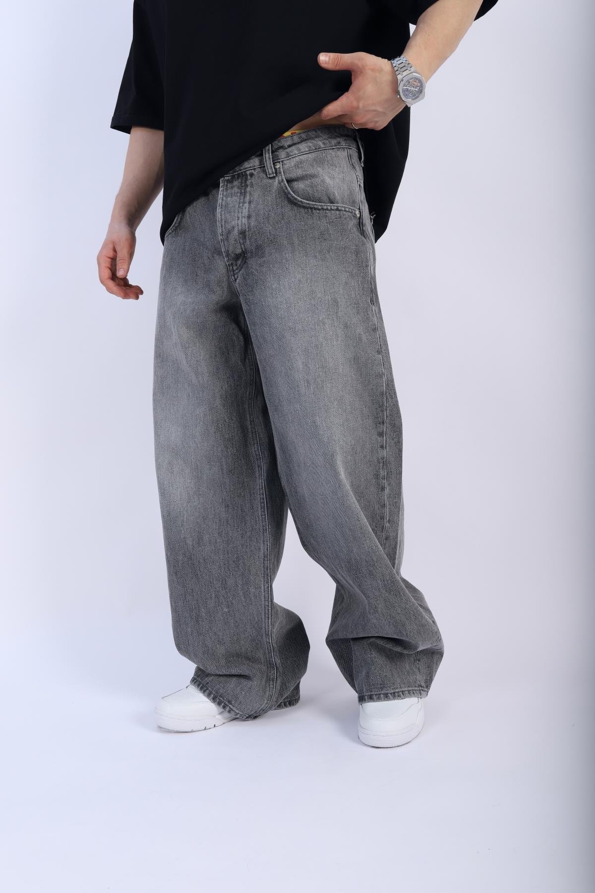Acid Wash Grii Baggy Jean Pantolon P914