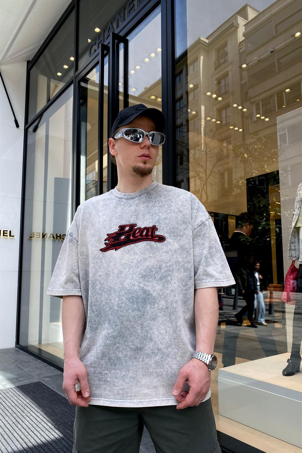 Acid Wash Heat Nakışlı Oversize Tshirt  T621