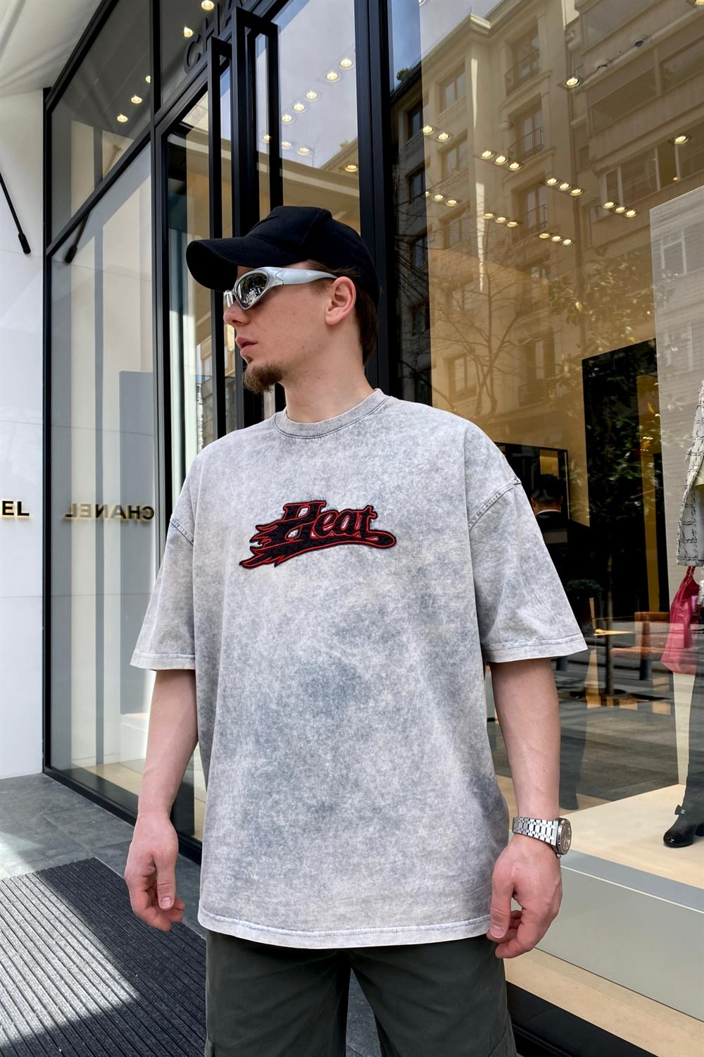 Acid Wash Heat Nakışlı Oversize Tshirt  T621