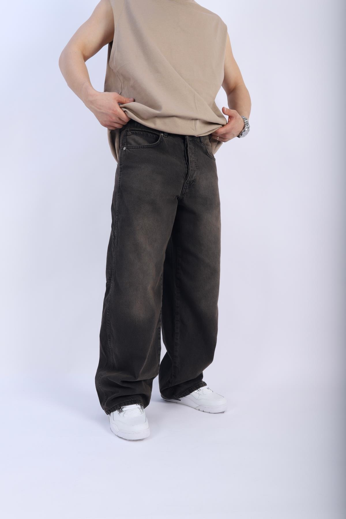 Acid Wash Kahve Baggy Jean Pantolon P909