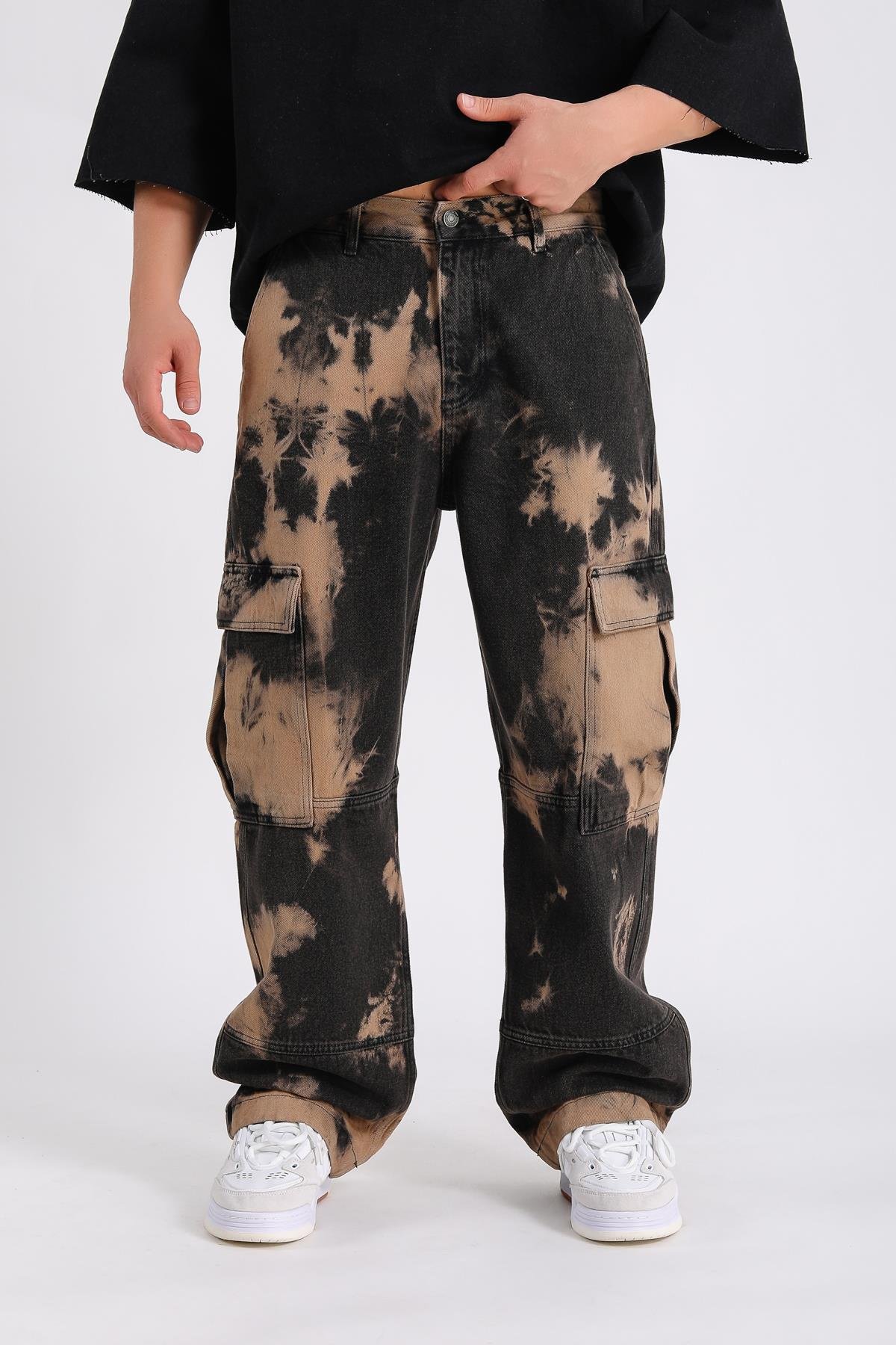 Acid Wash Kahve Cepli Baggy Jean  P1013