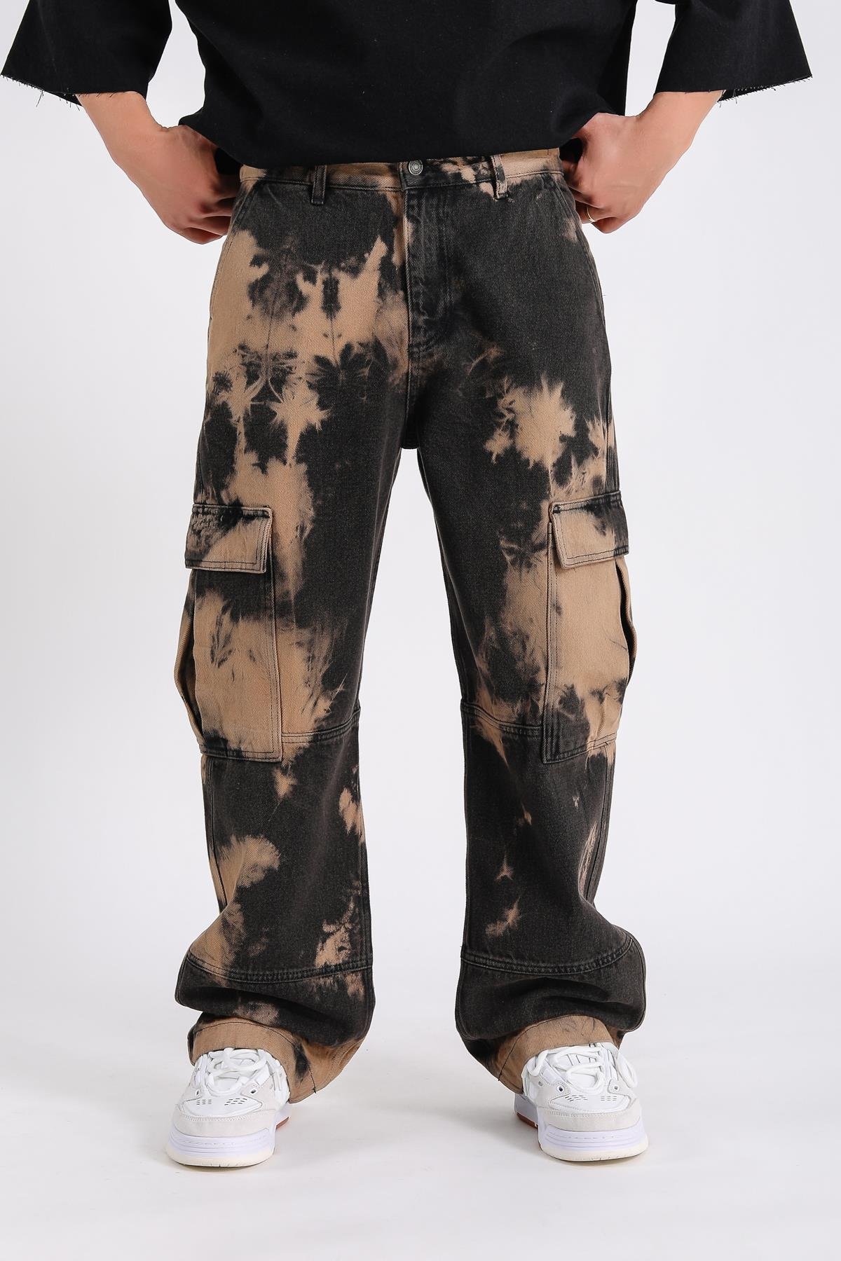 Acid Wash Kahve Cepli Baggy Jean  P1013