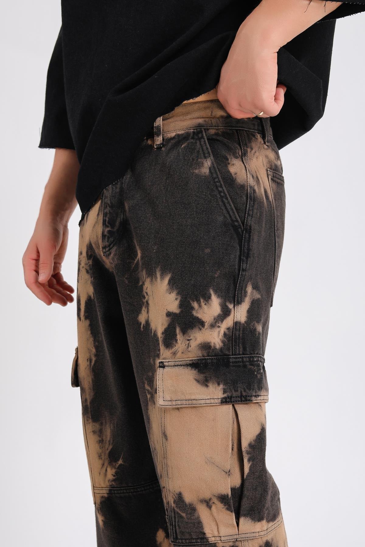 Acid Wash Kahve Cepli Baggy Jean  P1013