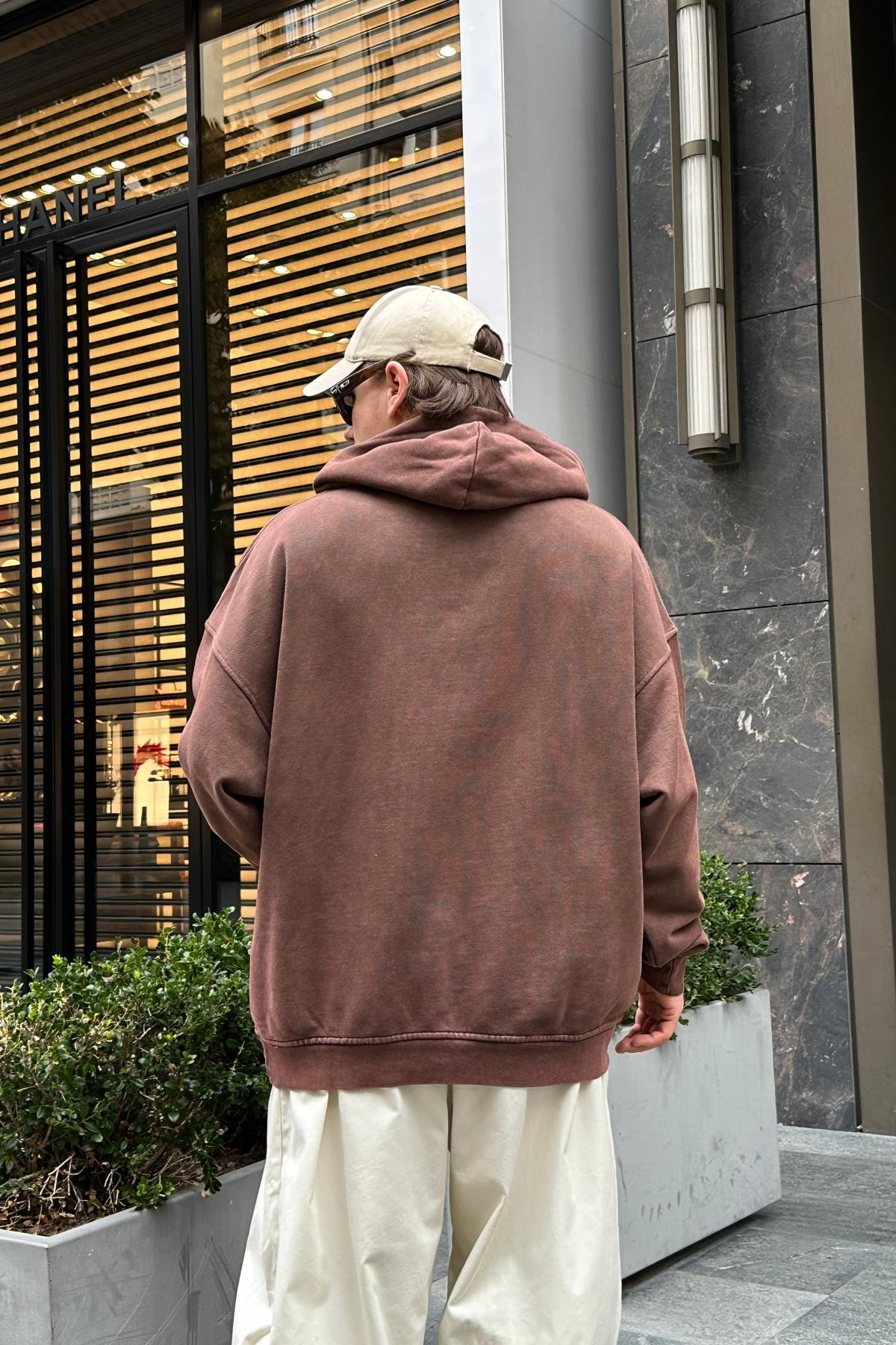 Acid Wash Kahve Oversize Premium Sweatshirt SW965