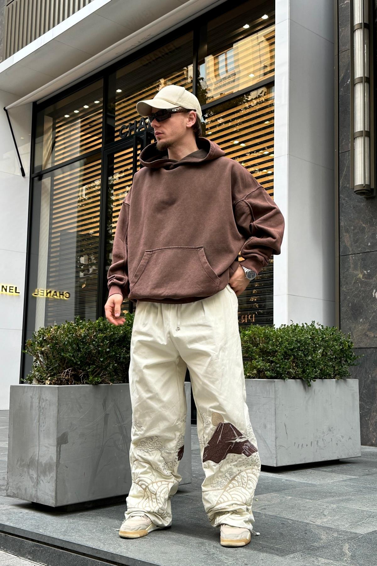 Acid Wash Kahve Oversize Premium Sweatshirt SW965