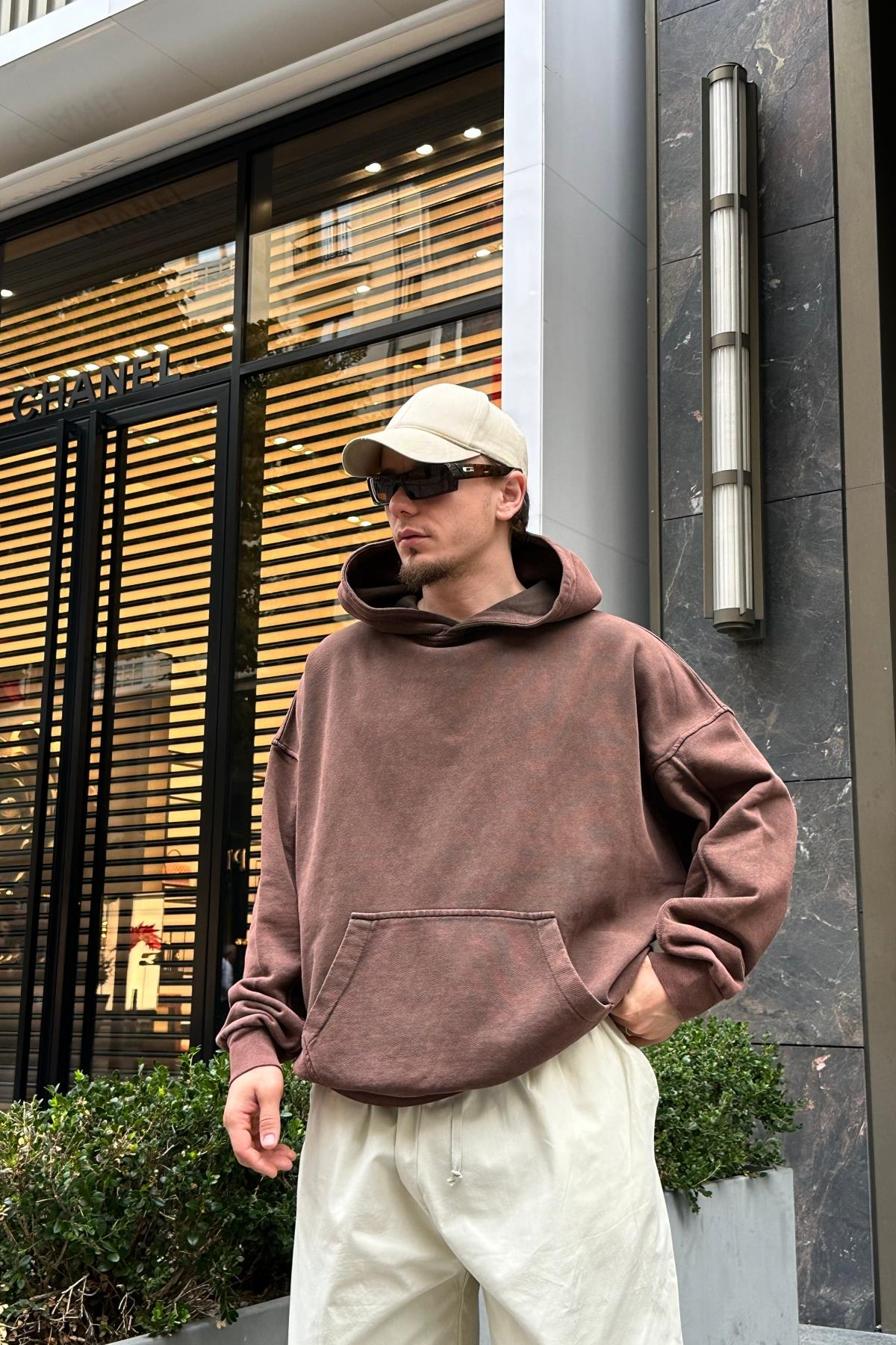 Acid Wash Kahve Oversize Premium Sweatshirt SW965