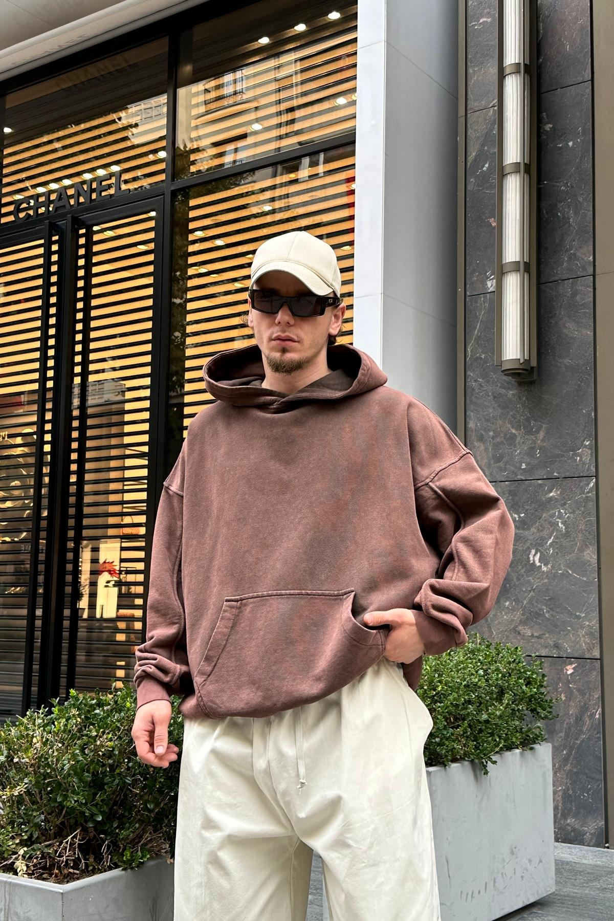 Acid Wash Kahve Oversize Premium Sweatshirt SW965