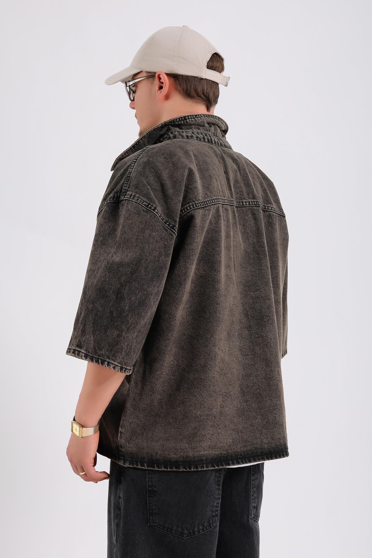 Acid Wash Kısa Kol Jean Kumaş Gömlek G147