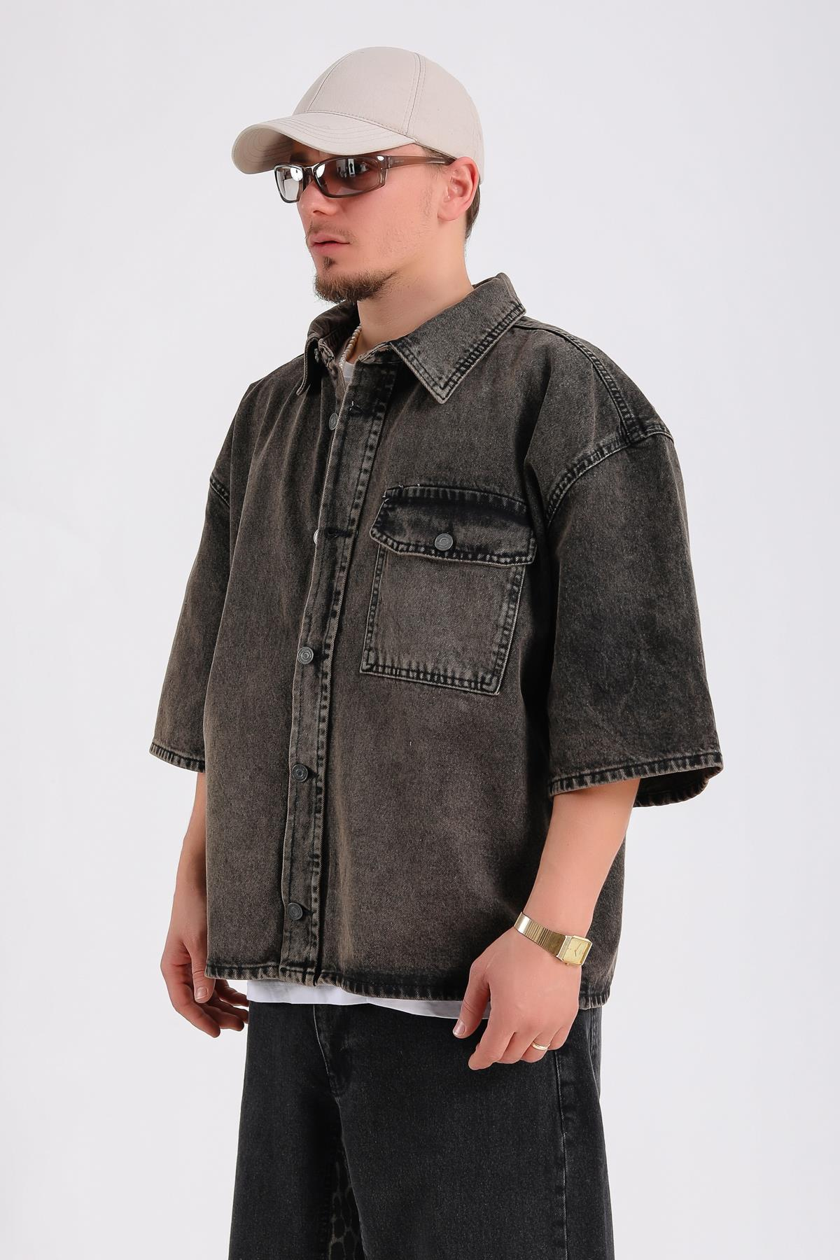 Acid Wash Kısa Kol Jean Kumaş Gömlek G147