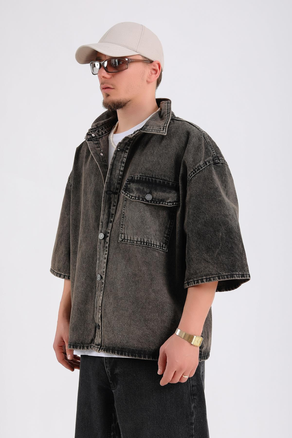 Acid Wash Kısa Kol Jean Kumaş Gömlek G147