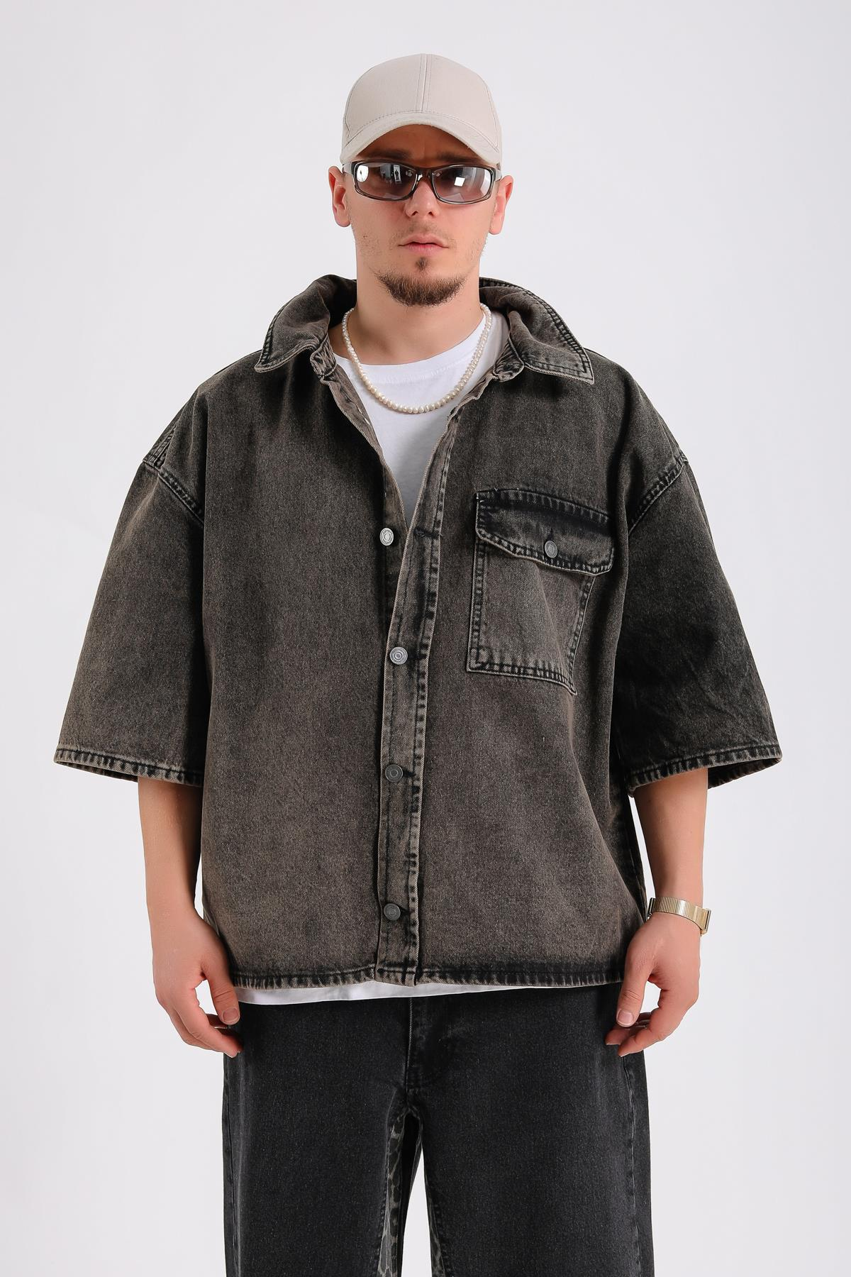Acid Wash Kısa Kol Jean Kumaş Gömlek G147