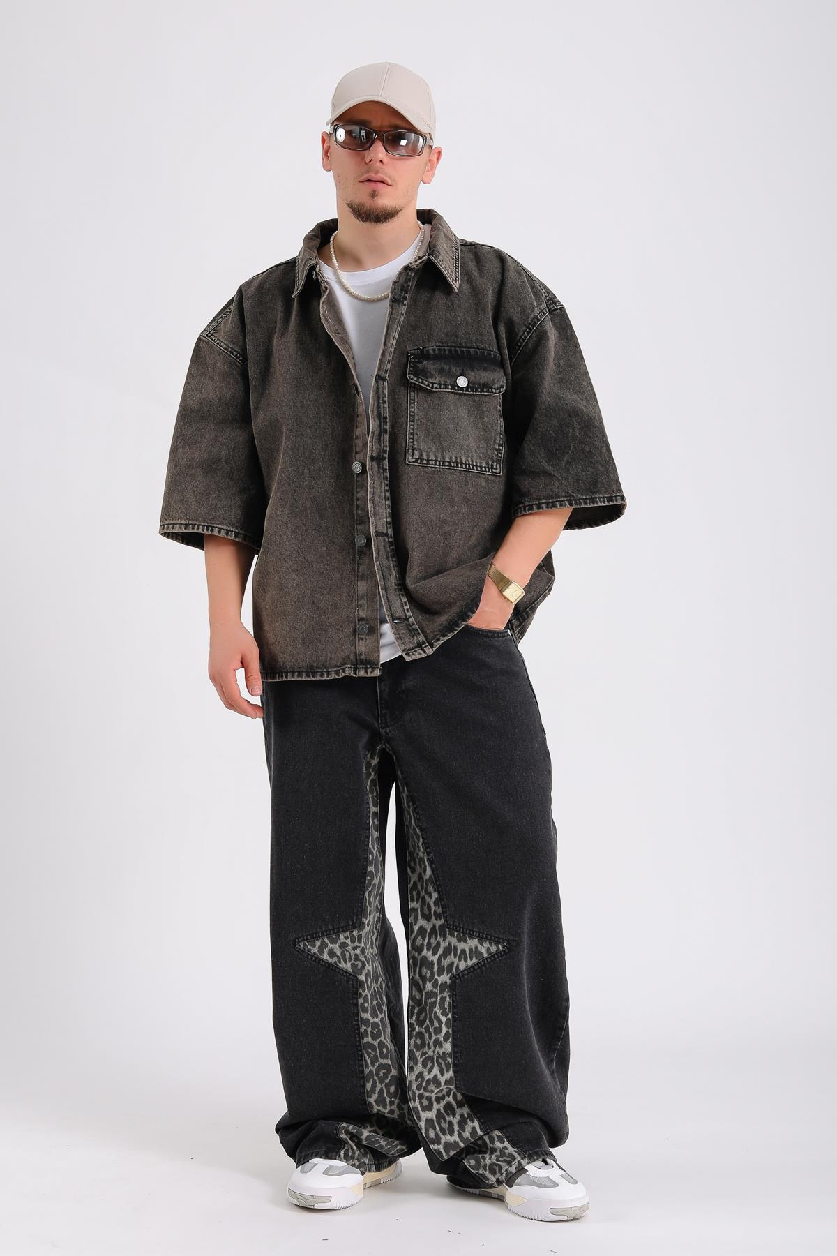 Acid Wash Kısa Kol Jean Kumaş Gömlek G147