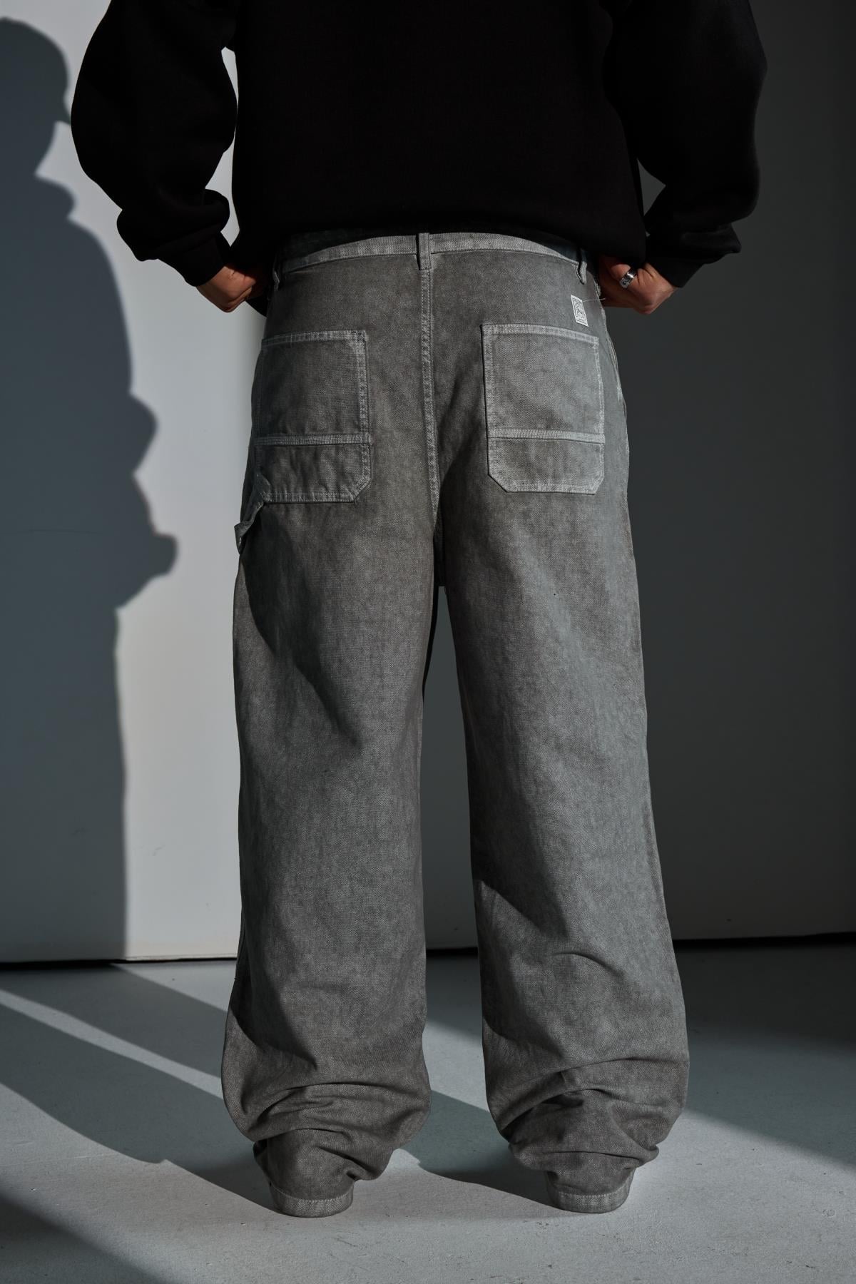 Acid Wash Kontrast Dikiş Gri Baggy Jean