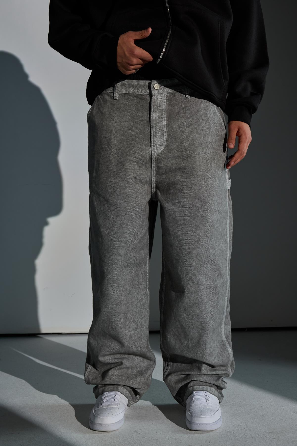 Acid Wash Kontrast Dikiş Gri Baggy Jean