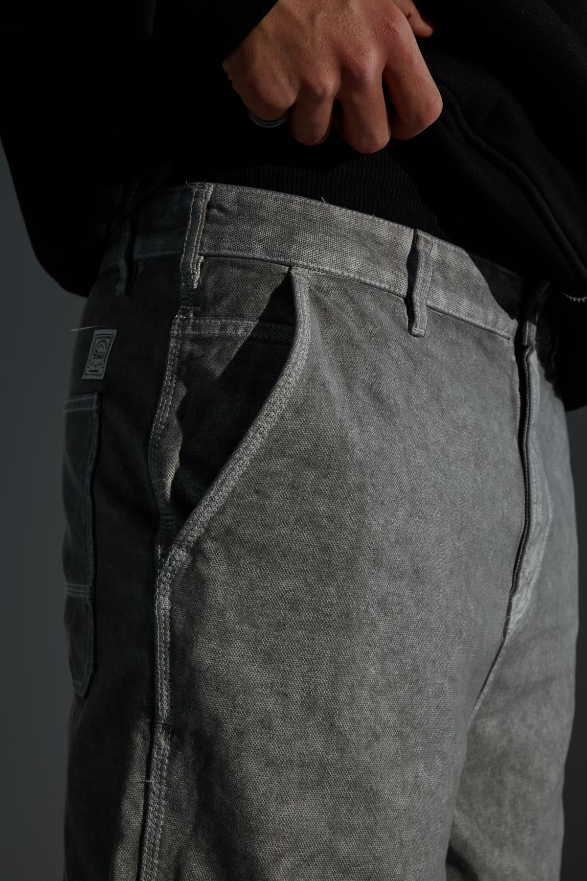 Acid Wash Kontrast Dikiş Gri Baggy Jean