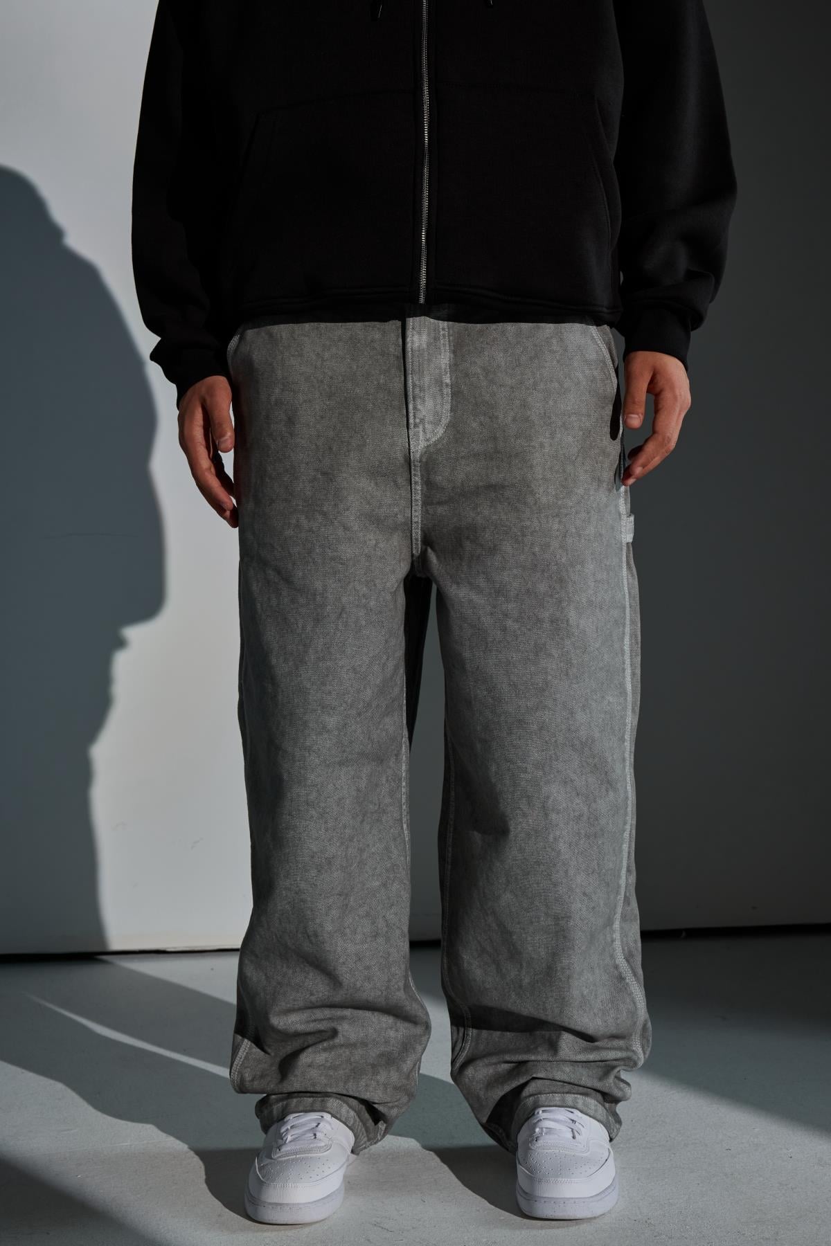 Acid Wash Kontrast Dikiş Gri Baggy Jean