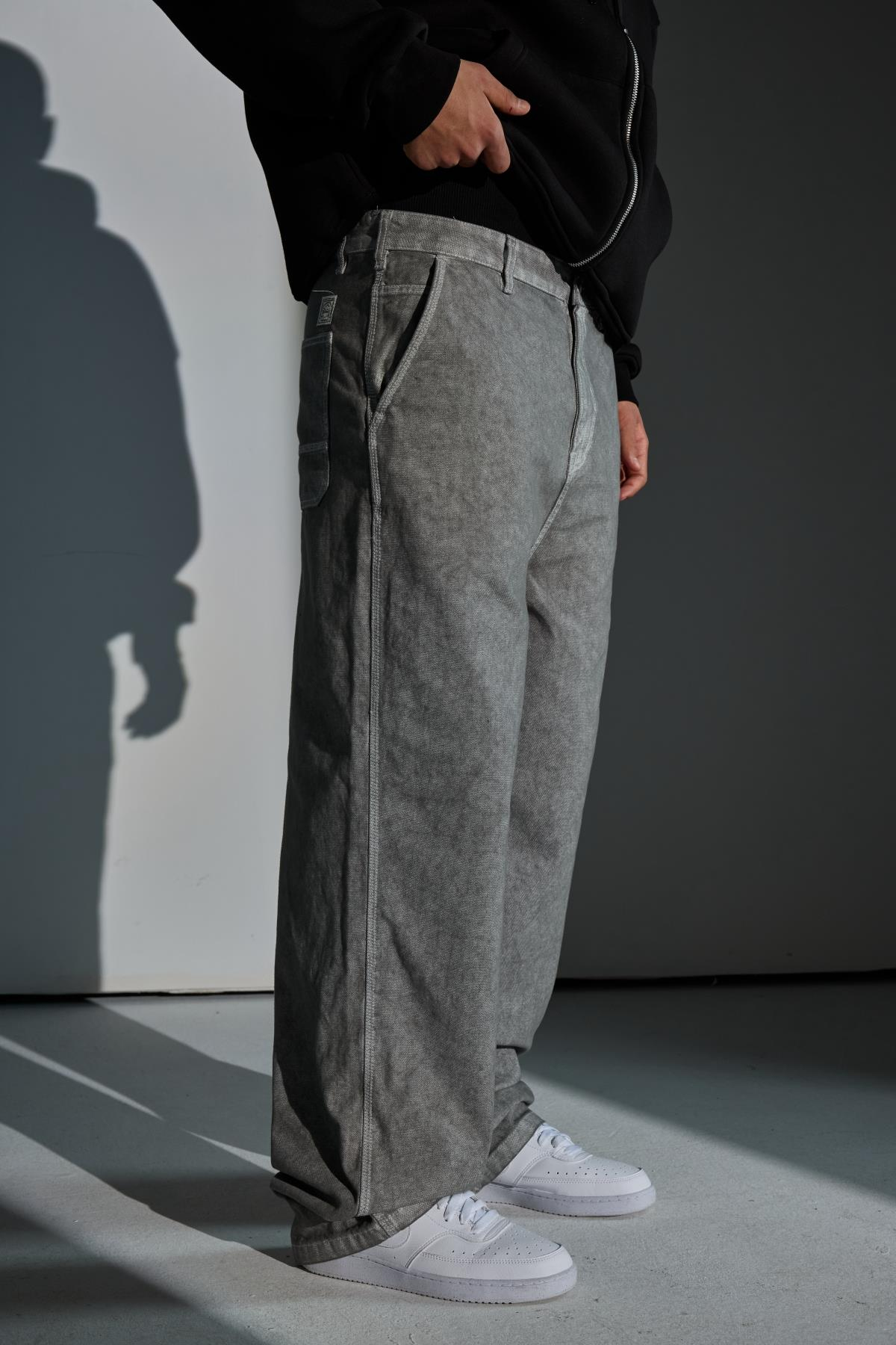 Acid Wash Kontrast Dikiş Gri Baggy Jean