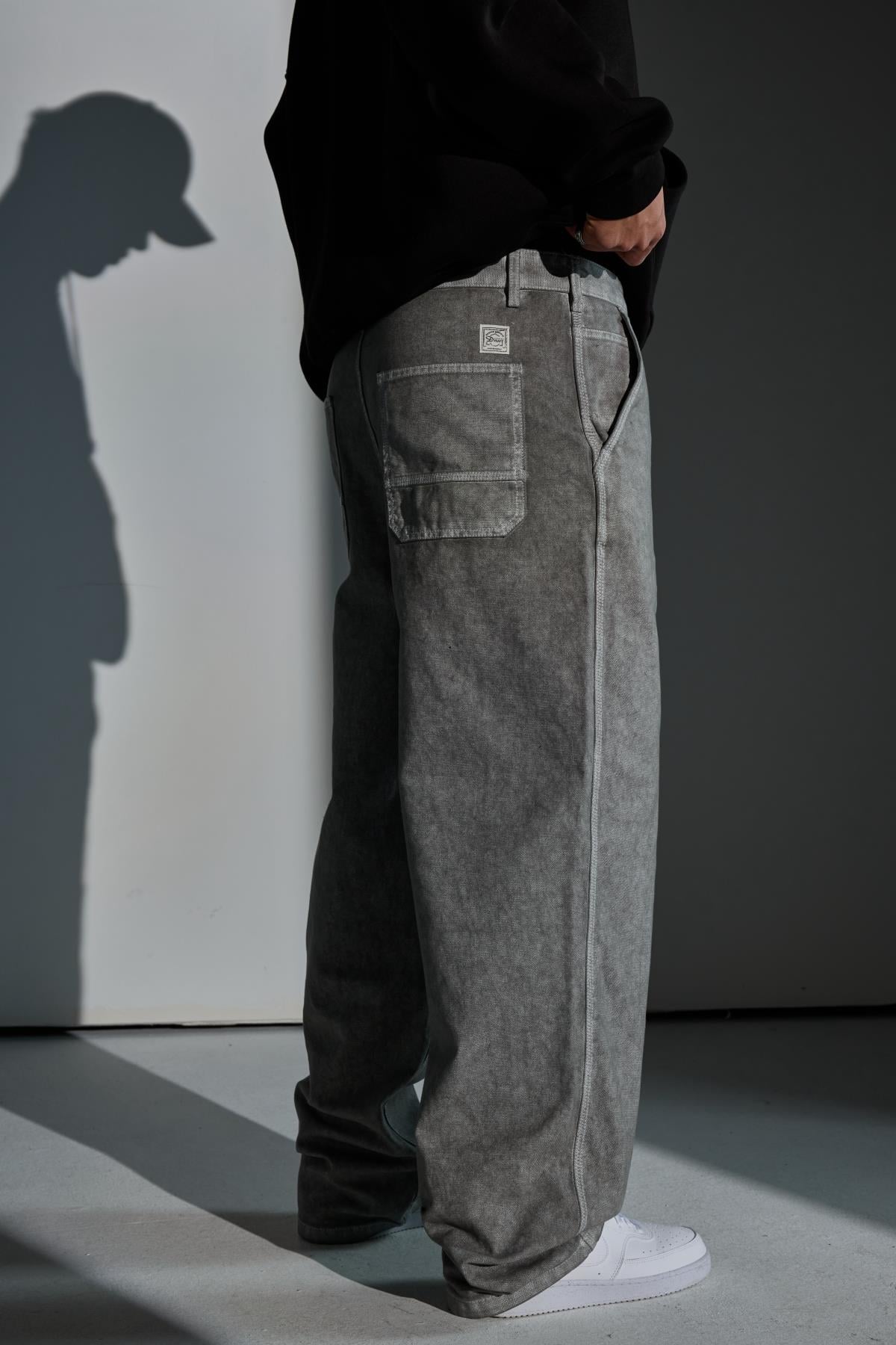Acid Wash Kontrast Dikiş Gri Baggy Jean