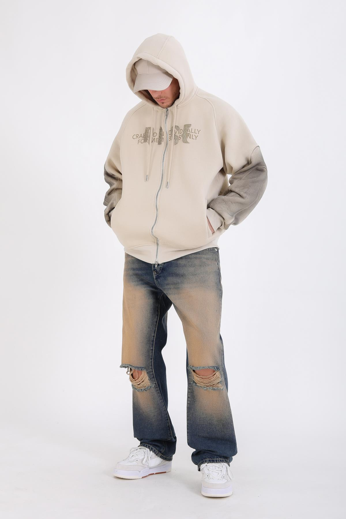Acid Wash Krem Rise Oversize Zipper Hoodie SW1351