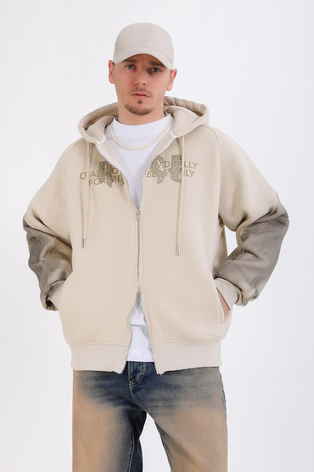 Acid Wash Krem Rise Oversize Zipper Hoodie SW1351