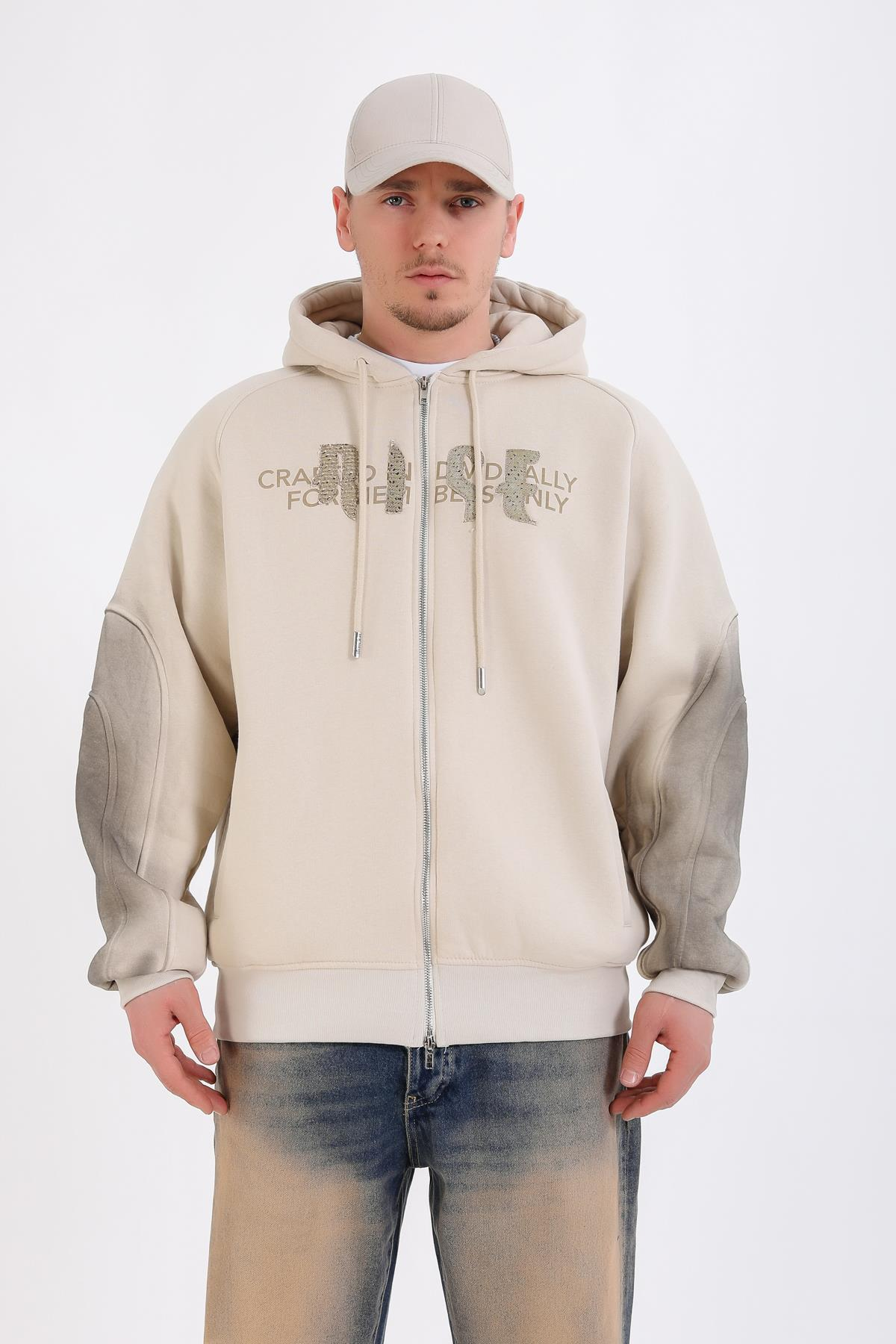 Acid Wash Krem Rise Oversize Zipper Hoodie SW1351