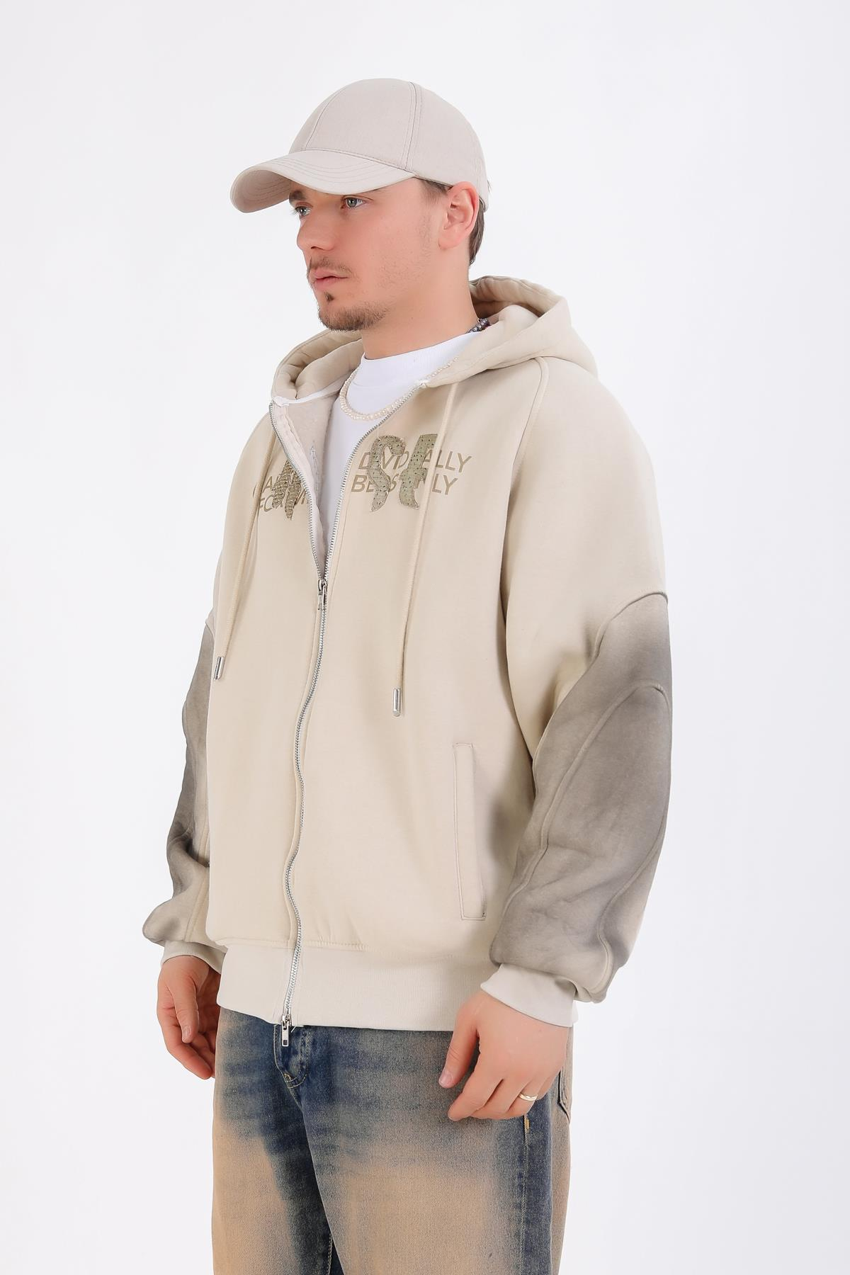 Acid Wash Krem Rise Oversize Zipper Hoodie SW1351