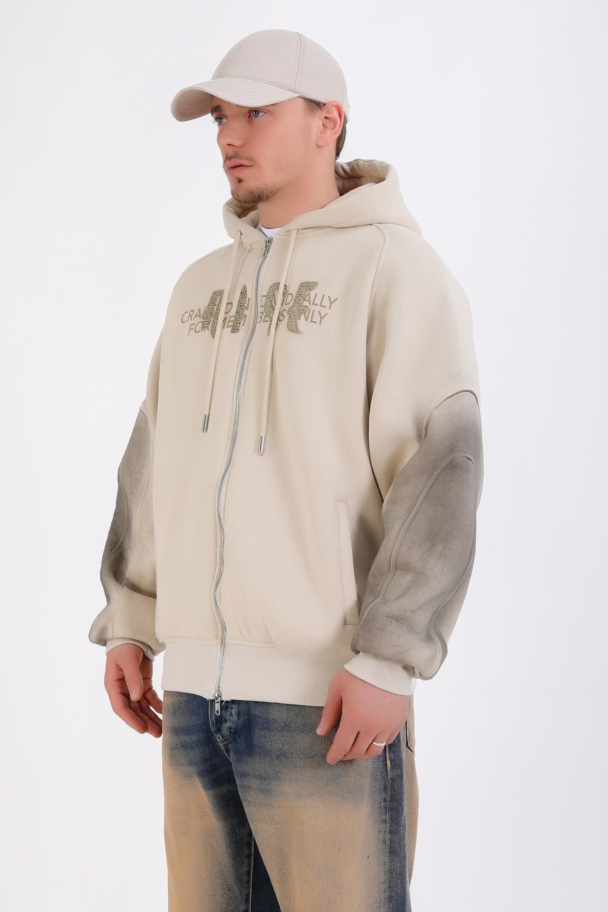 Acid Wash Krem Rise Oversize Zipper Hoodie SW1351