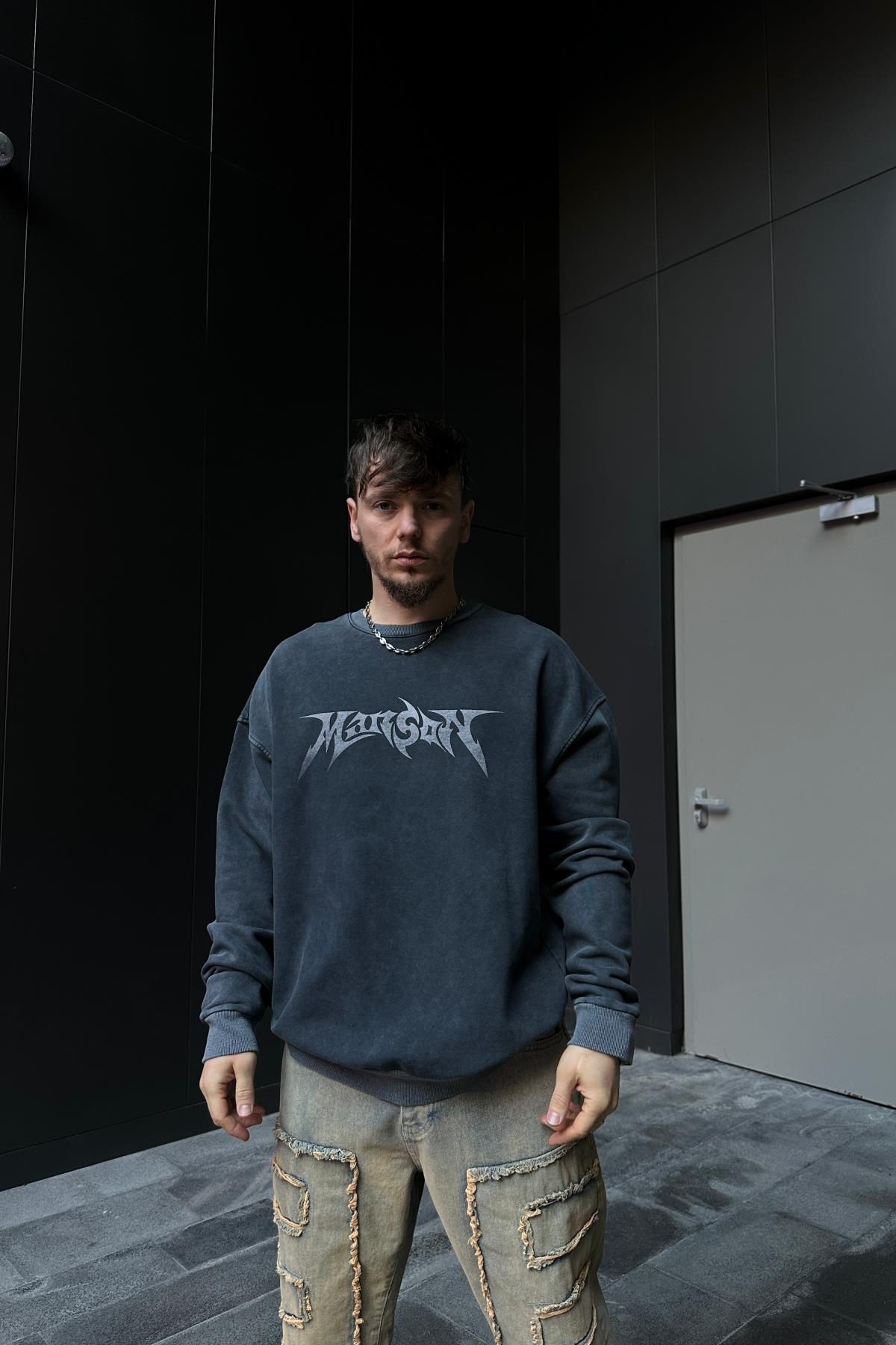 Acid Wash Manson Baskılı Füme Oversize Sweatshirt SW1063