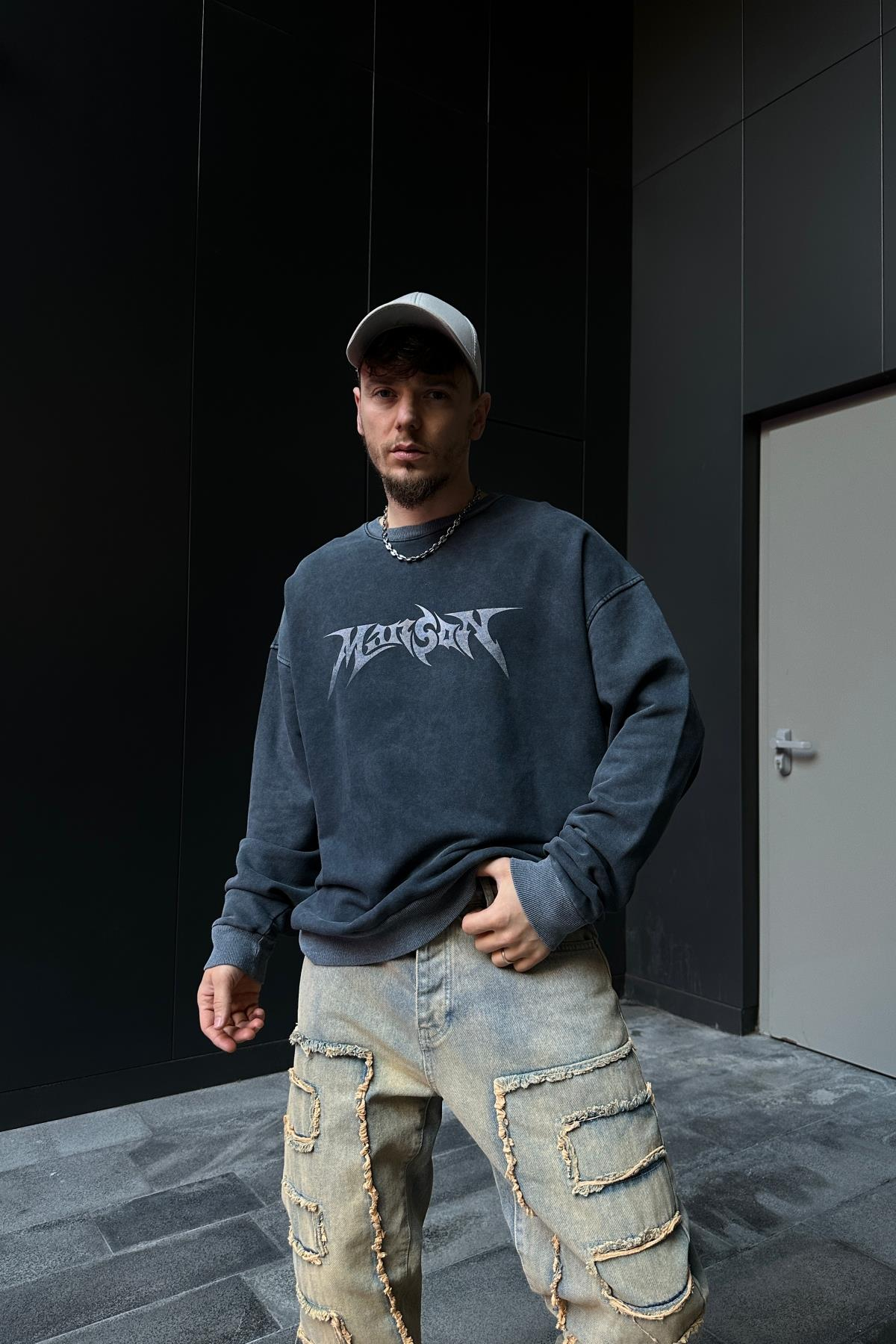 Acid Wash Manson Baskılı Füme Oversize Sweatshirt SW1063