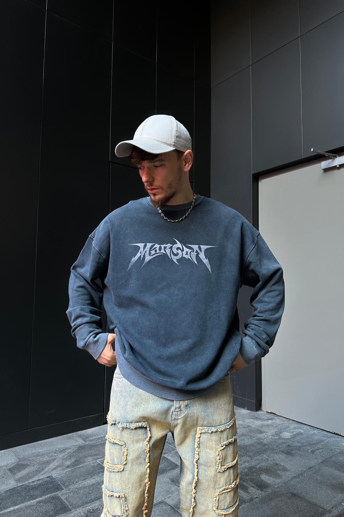Acid Wash Manson Baskılı Füme Oversize Sweatshirt SW1063
