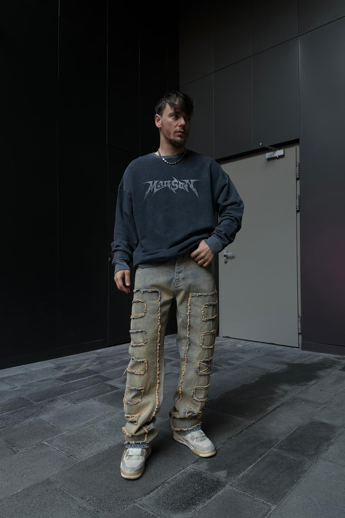 Acid Wash Manson Baskılı Füme Oversize Sweatshirt SW1063