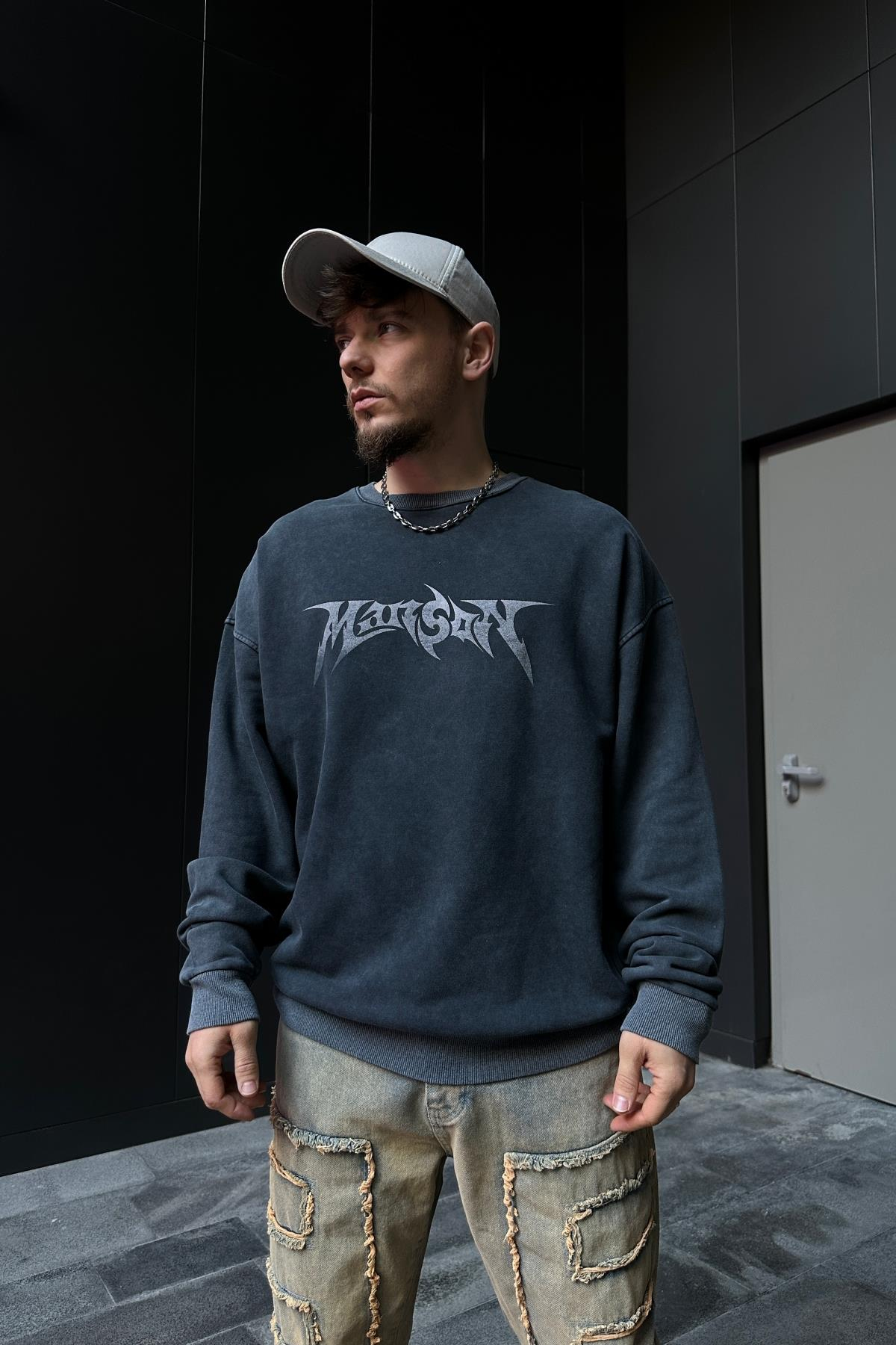 Acid Wash Manson Baskılı Füme Oversize Sweatshirt SW1063