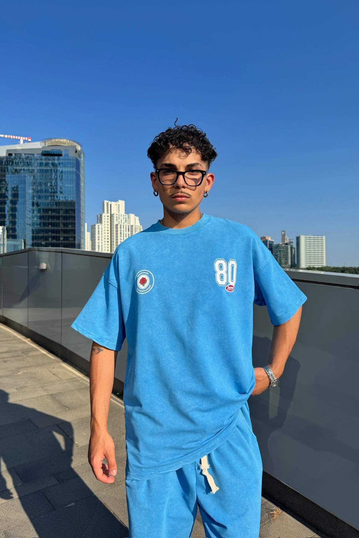 Acid Wash Mavi Oversize Baskılı Tshirt JC01