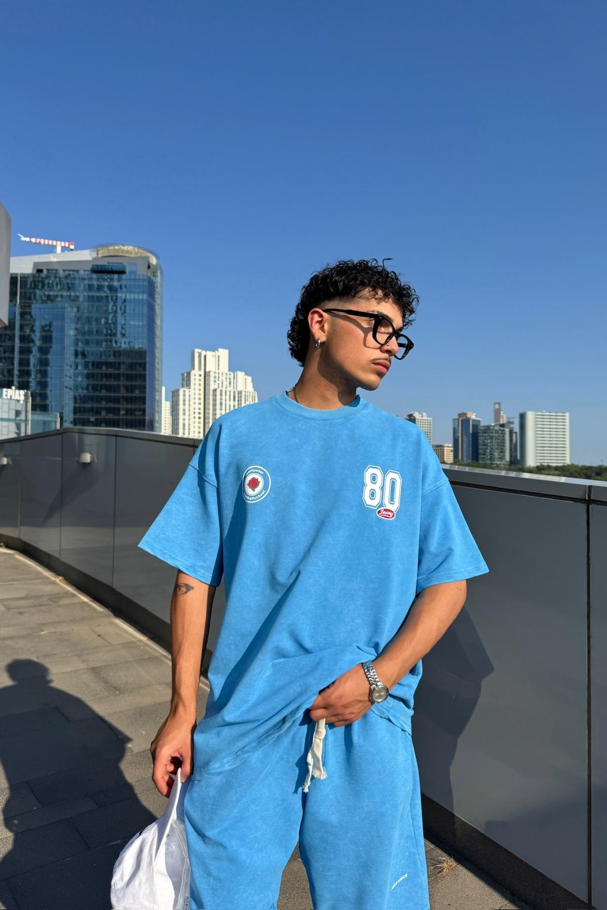 Acid Wash Mavi Oversize Baskılı Tshirt JC01