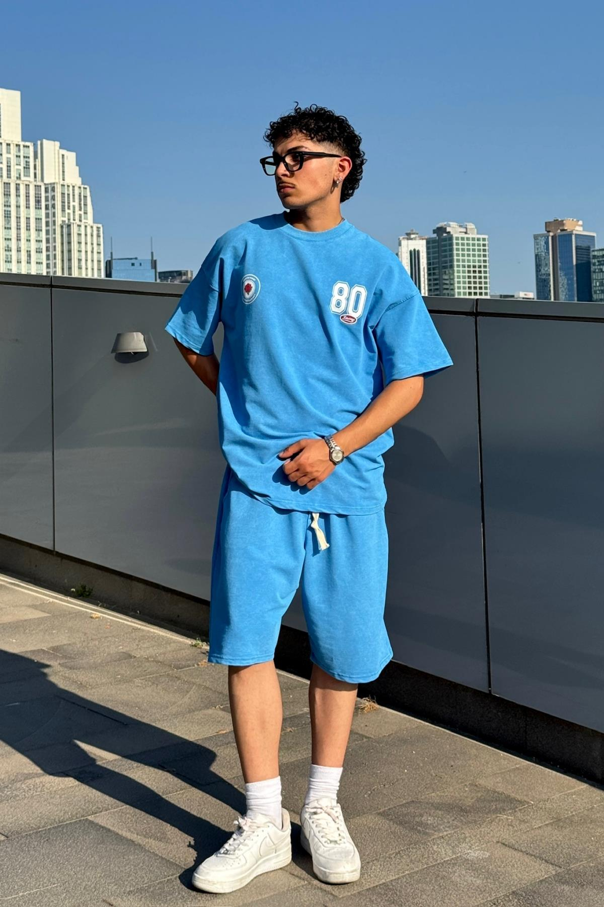 Acid Wash Mavi Oversize Baskılı Tshirt JC01