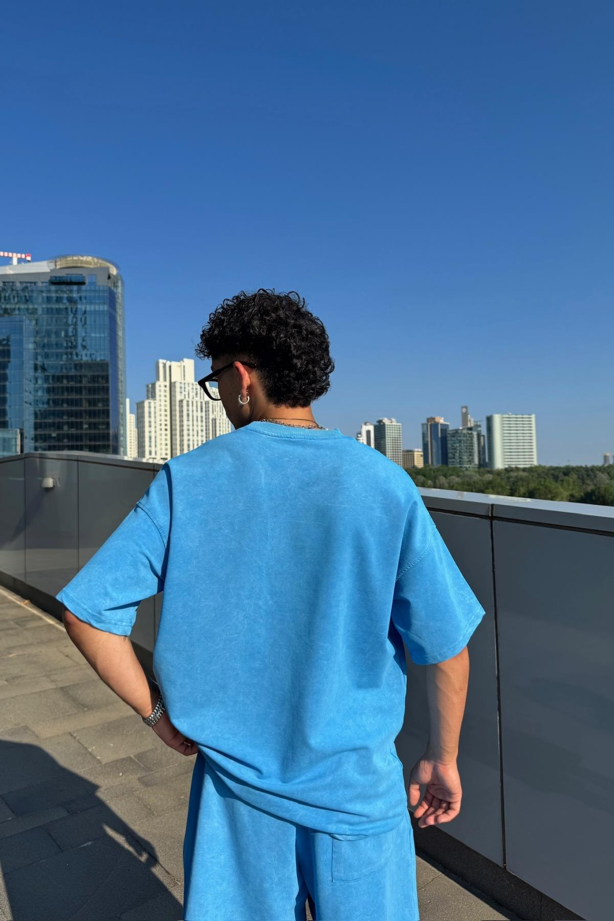 Acid Wash Mavi Oversize Baskılı Tshirt JC01