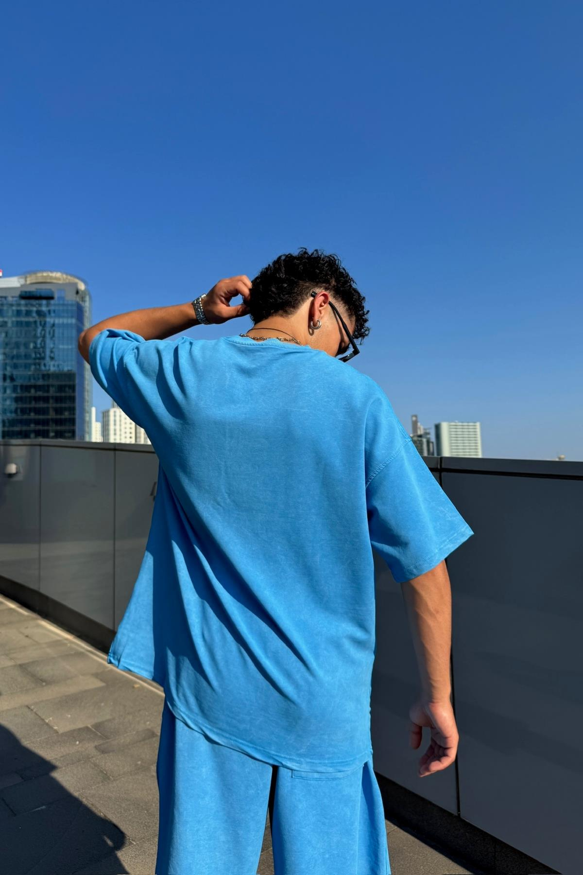 Acid Wash Mavi Oversize Baskılı Tshirt JC01