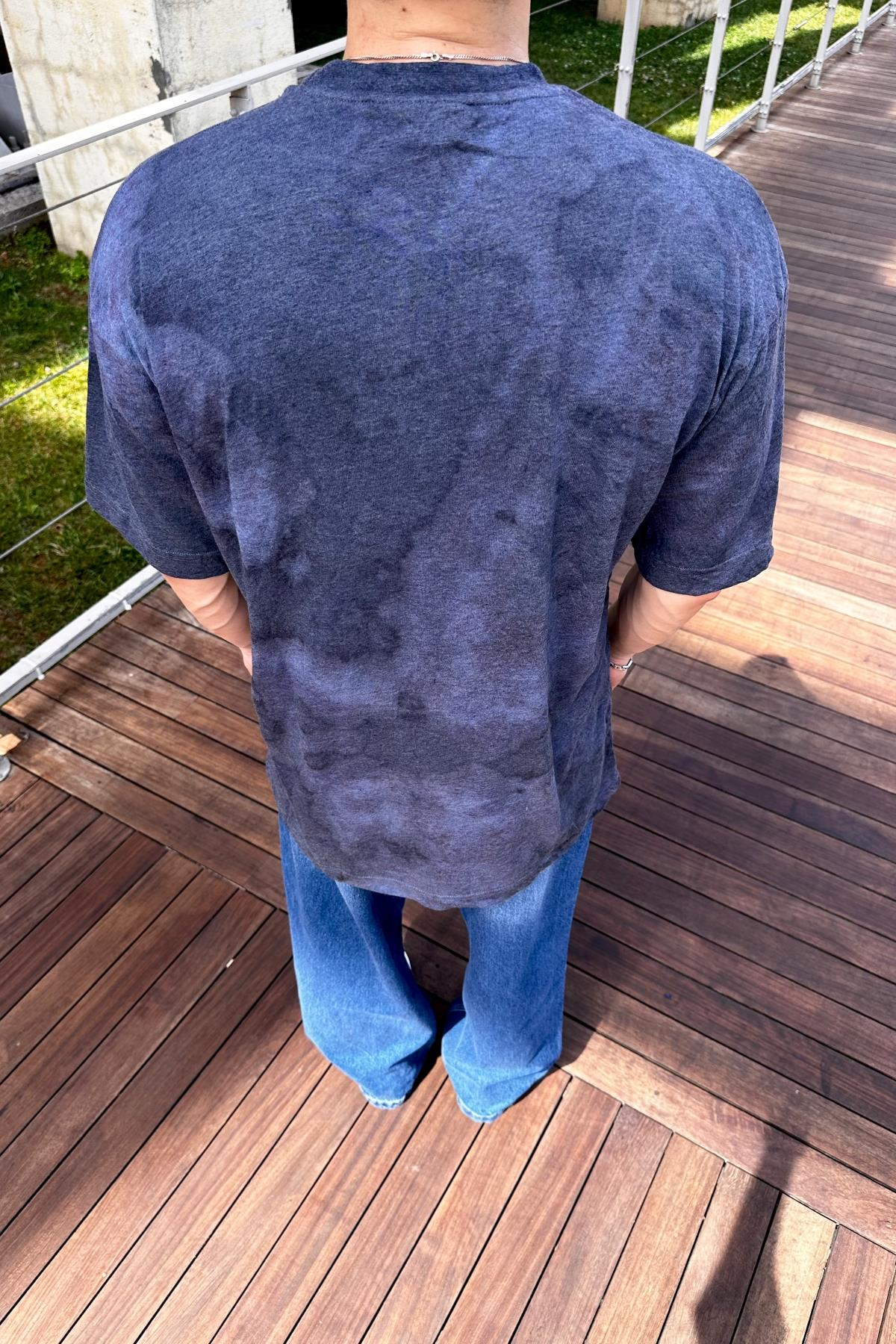 Acid Wash Nakışlı Mavi Oversize Tshirt T1097